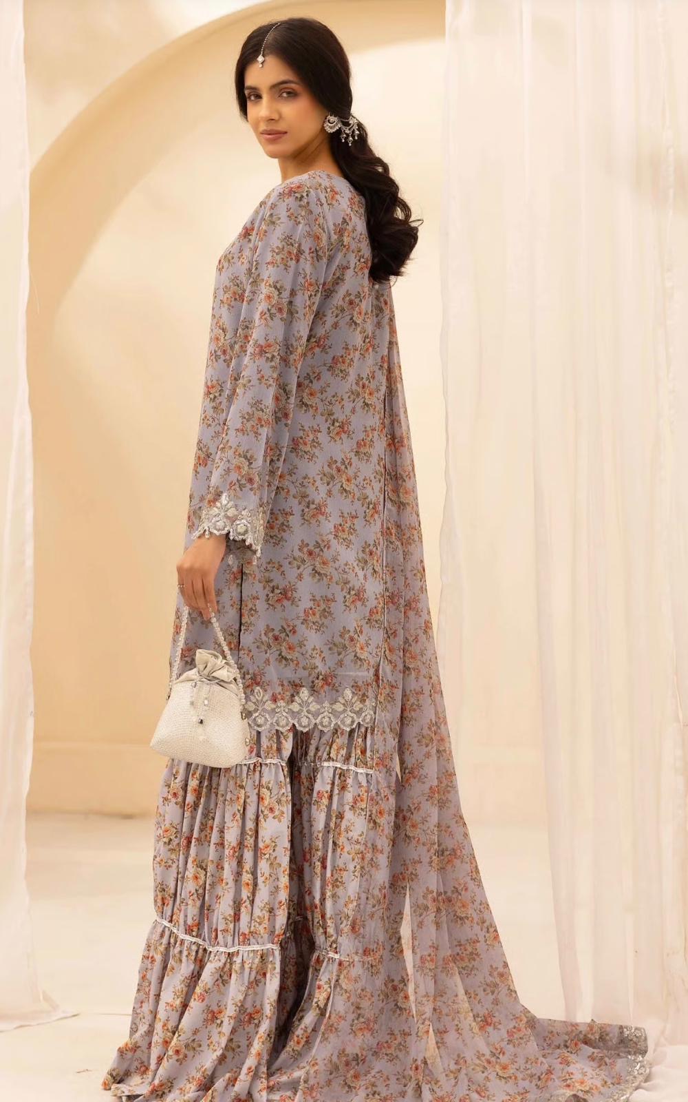 BAROQUE LUX - Embroidered and printed chiffon tiered gharara