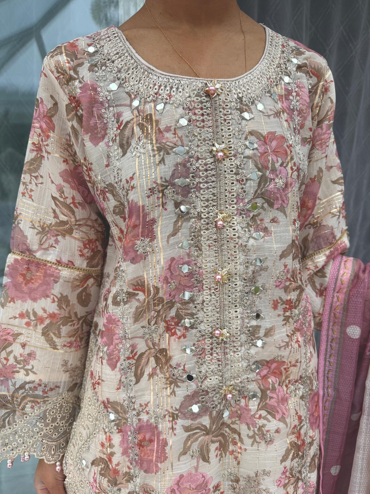 GULNAZ PINK - Embroidered and floral printed monar outfit with plazo