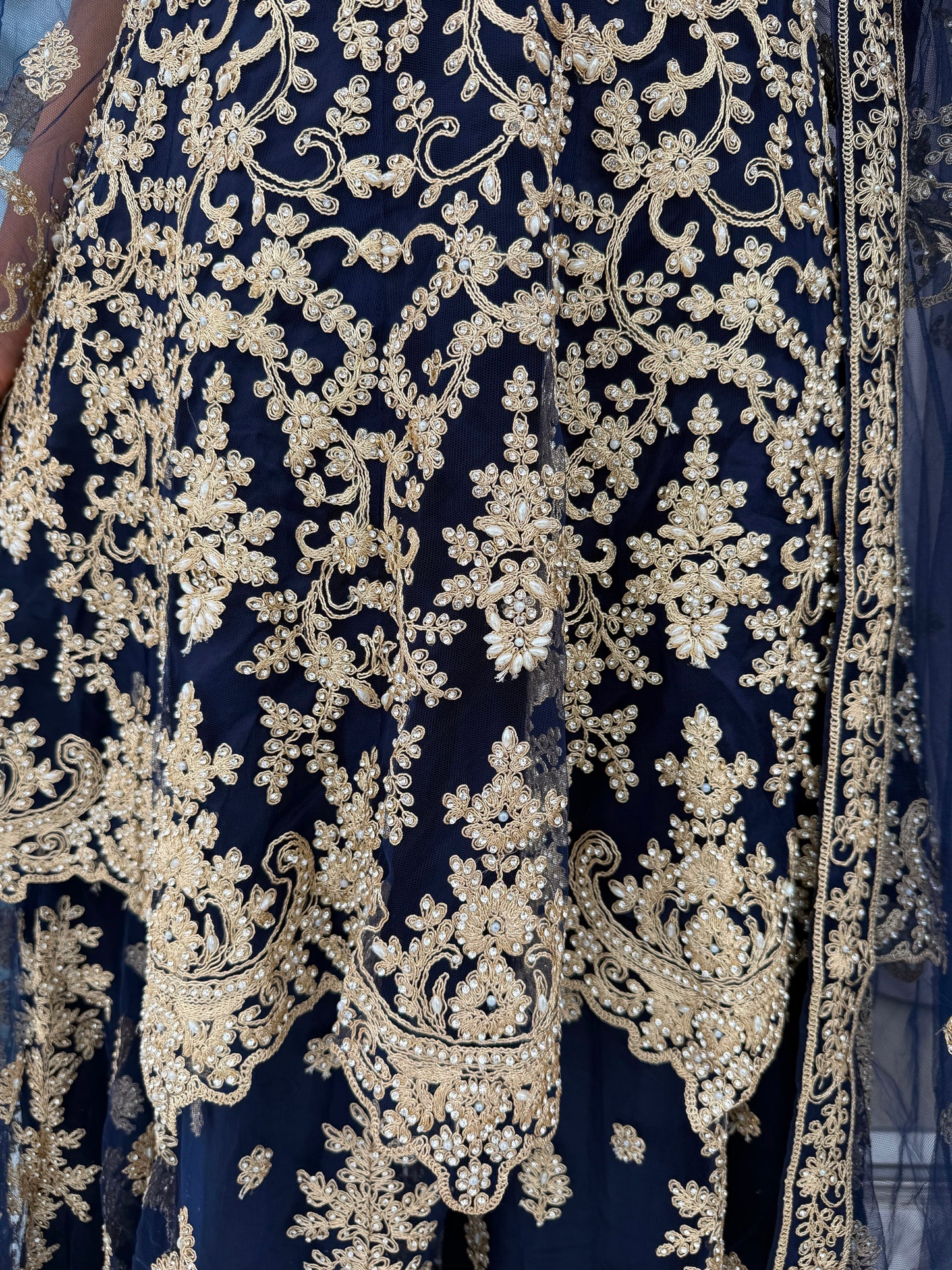 MAHNOOR NAVY BLUE - Embroidered net peplum dress with Sharara