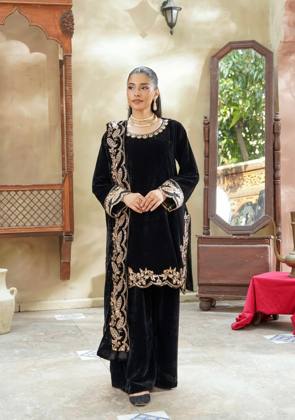 AIMA BLACK- Embroidered micro velvet kameez with plazo and velvet shawl