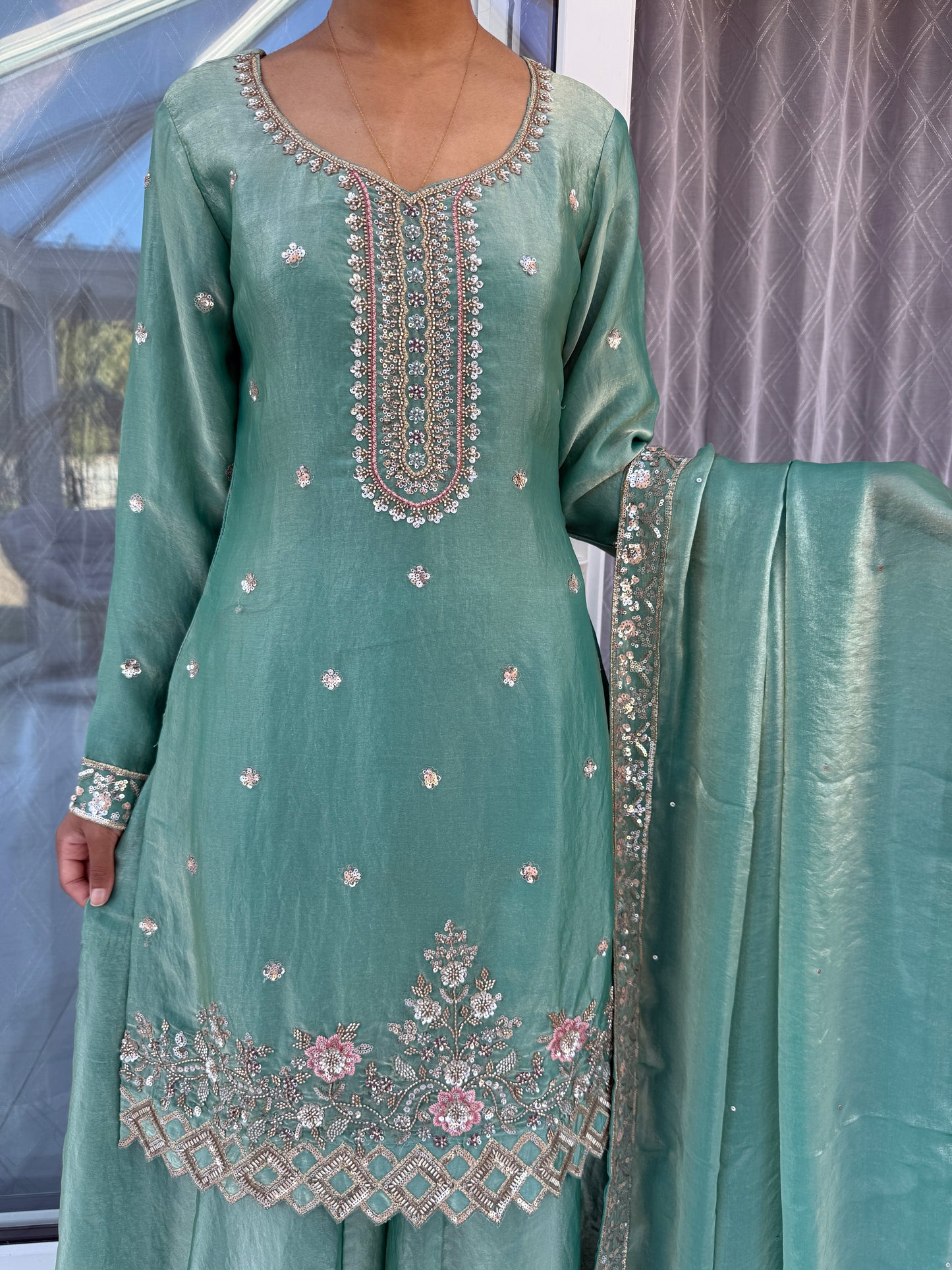 RESHAM - Handwork embellished sheesha silk outfit with sharara