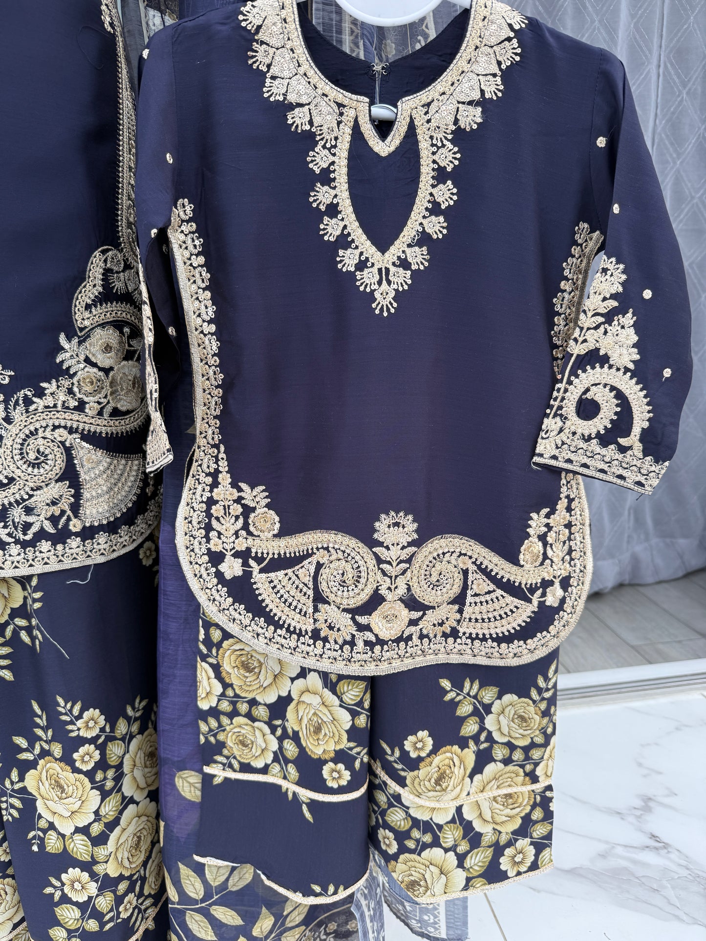 MIRA MOTHER/DAUGHTER COLLECTION BLUE - Embroidered kameez with printed Sharara