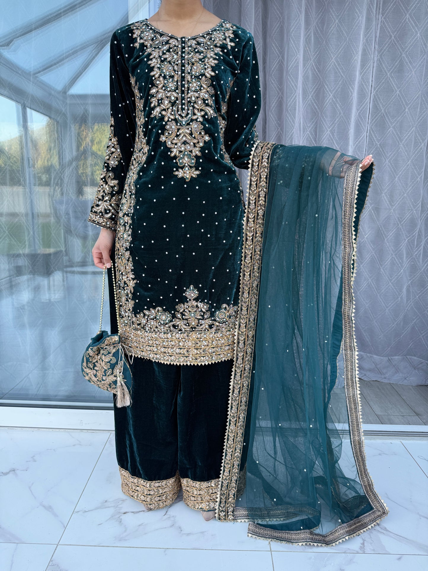 JANAAN VELVET TEAL - Embroidered velvet readymade party outfit