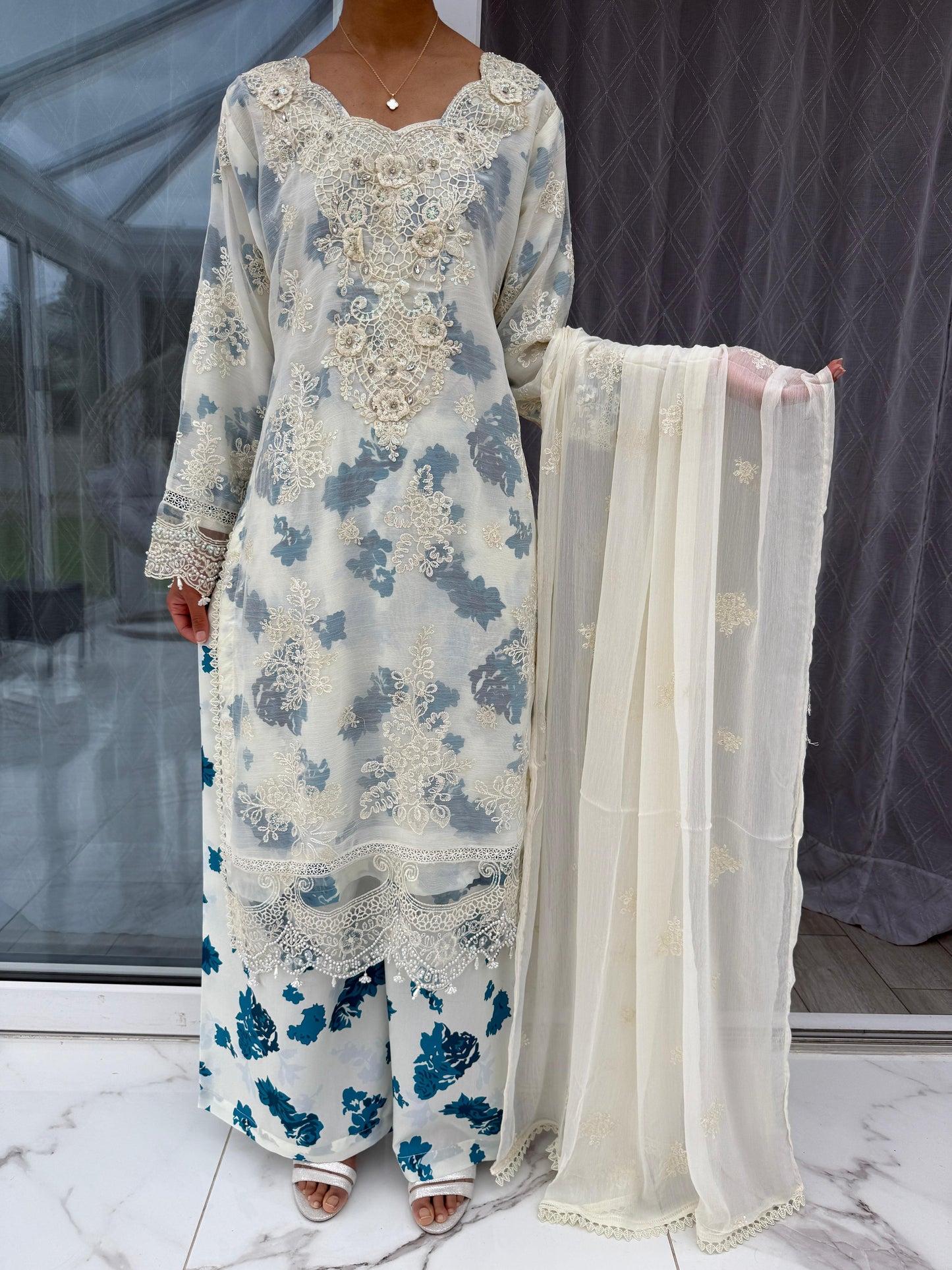 AHANA - Embroidered chiffon kameez with plazo/dupatta