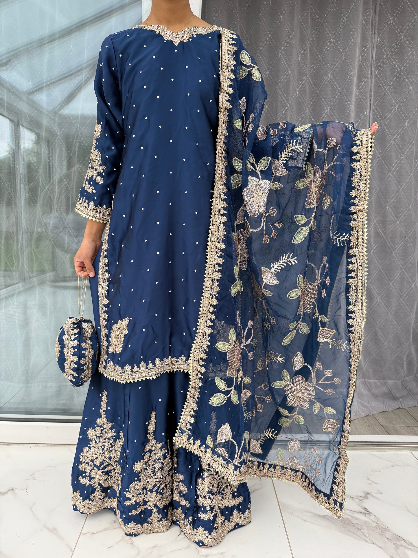 KASHISH MIDNIGHT BLUE - Embroidered silk kameez with sharara