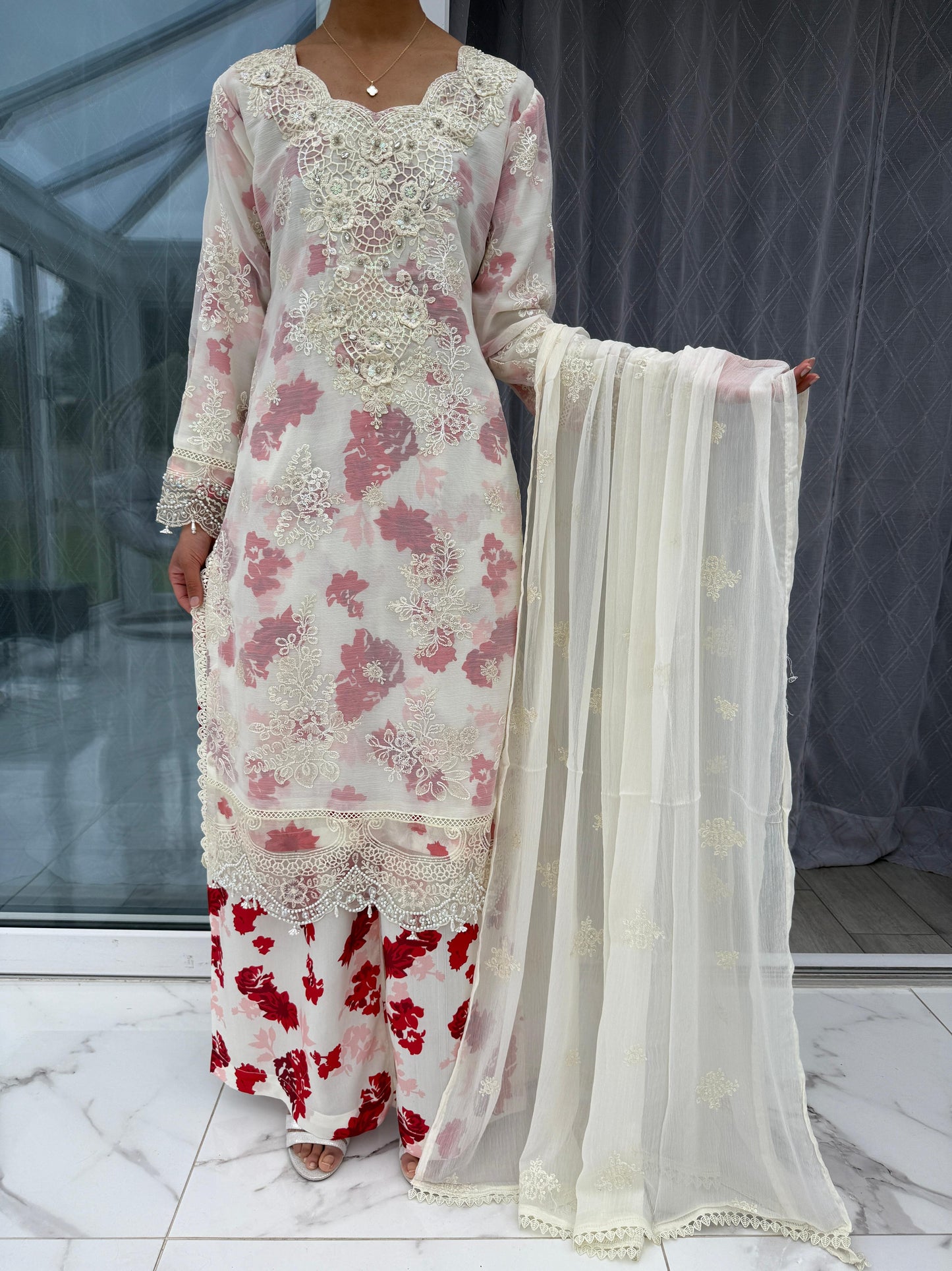 AHANA - Embroidered chiffon kameez with plazo/dupatta