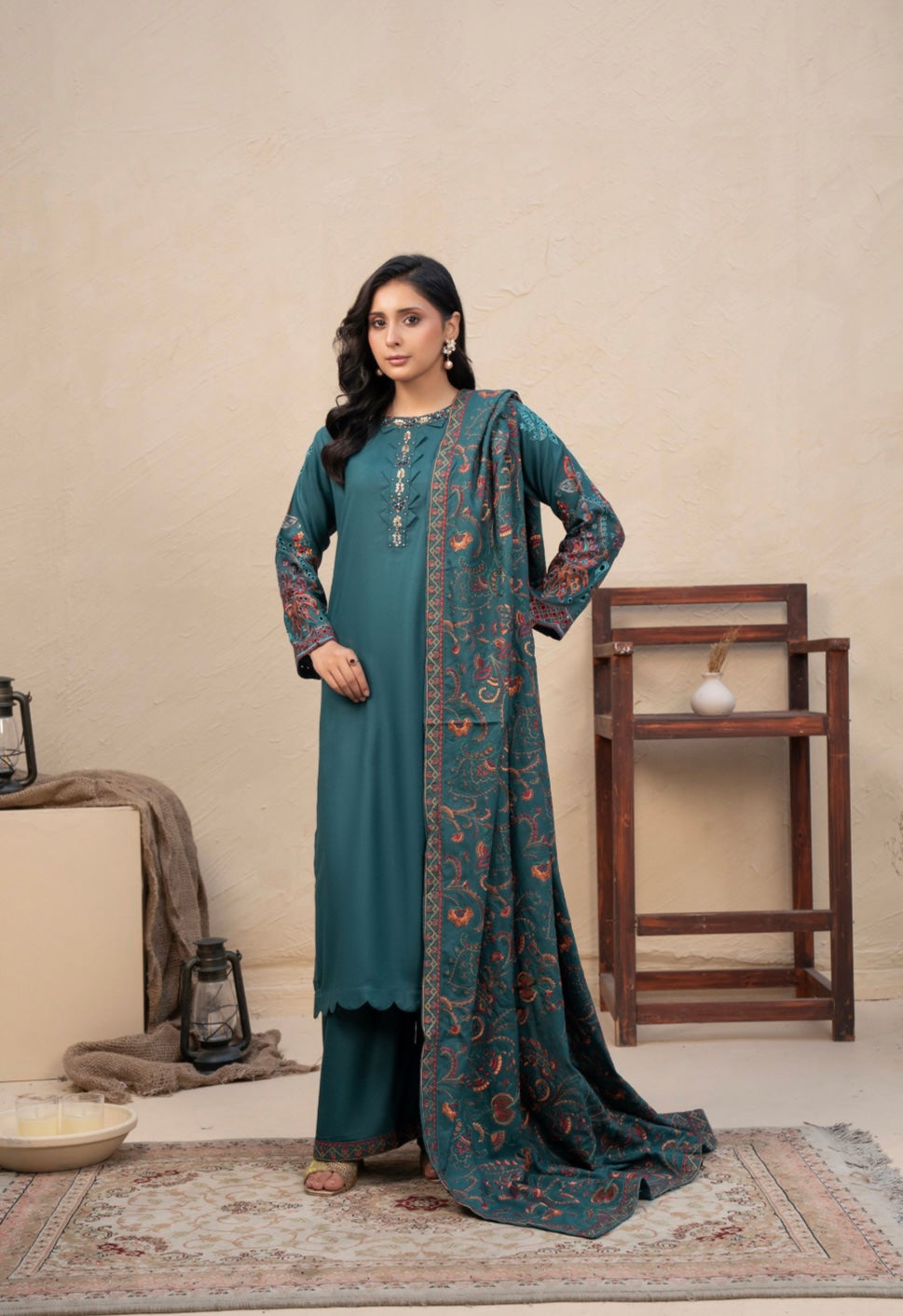 MAHAM TEAL - Embellished Dhanak kameez with embroidered Kashmiri shawl and plazo