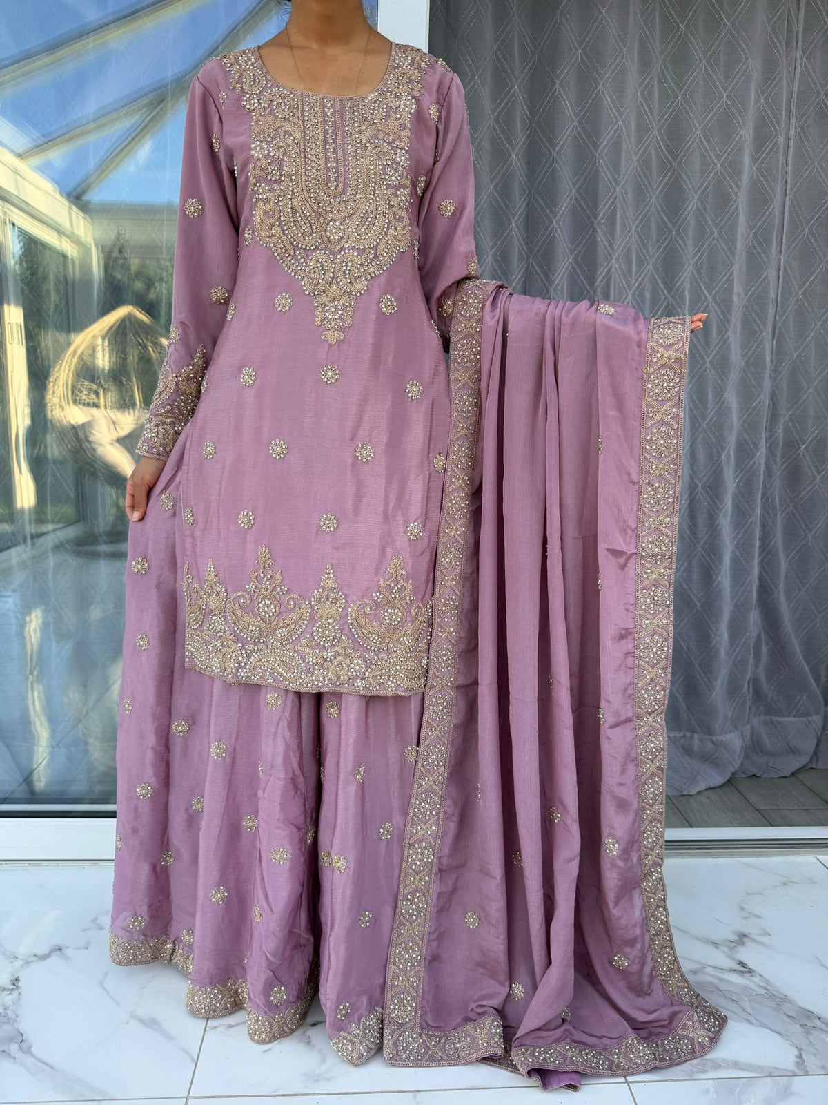 HAYA - Embroidered diamanté crinkle silk kameez with sharara and dupatta