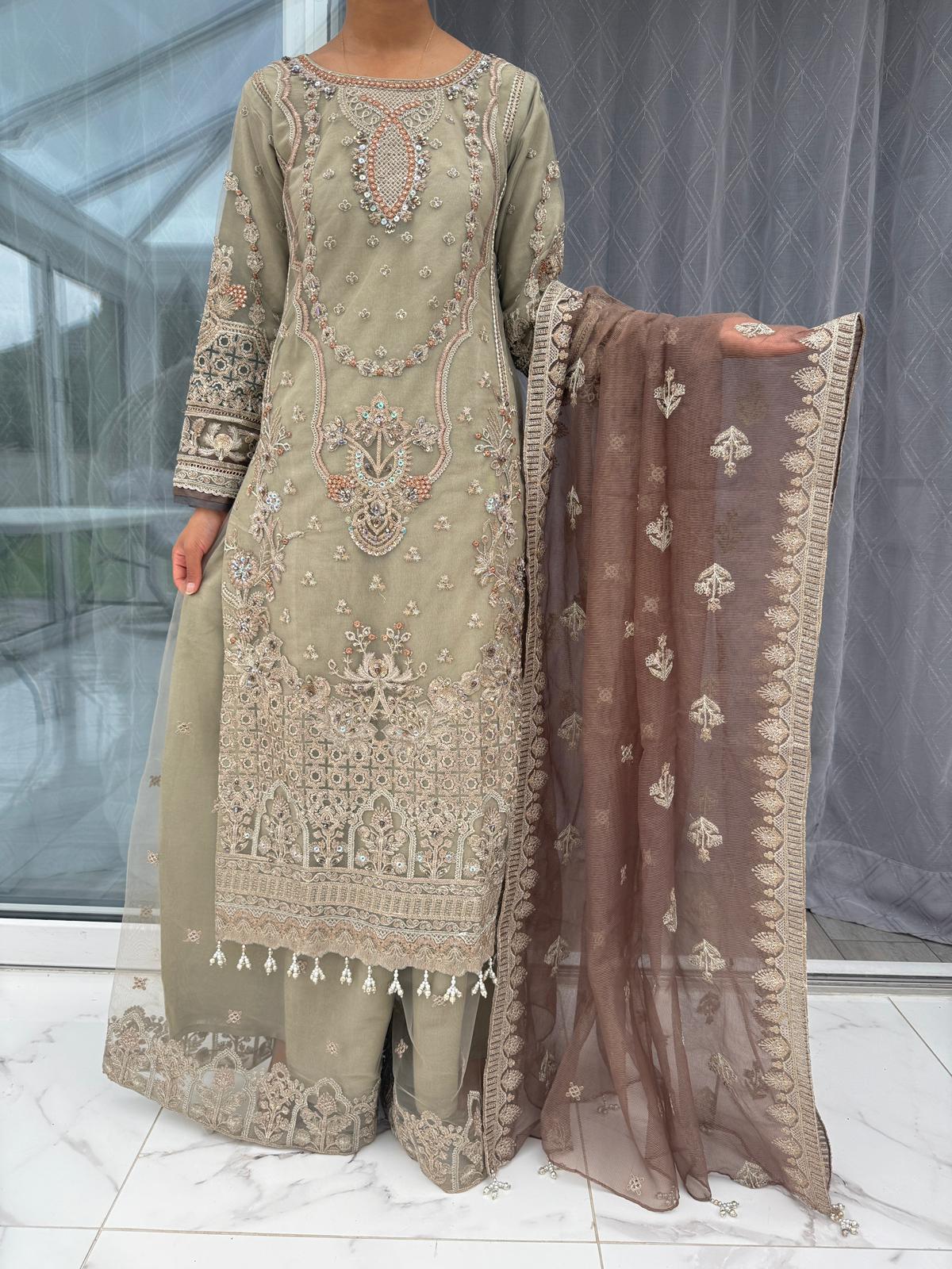 ISMA BROWN - Embroidered readymade Imrozia net outfit with sharara