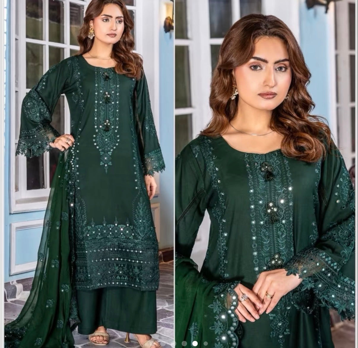 UNAIZA - Embroidered Dhanak collection with chiffon duppatta/plazo Green