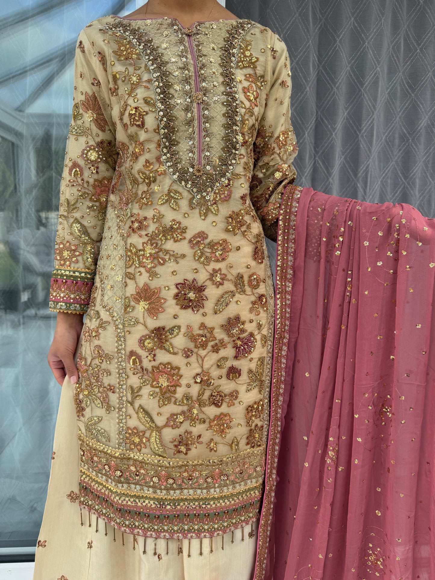 SAPNA - Embroidered net kameez with sharara and chiffon dupatta