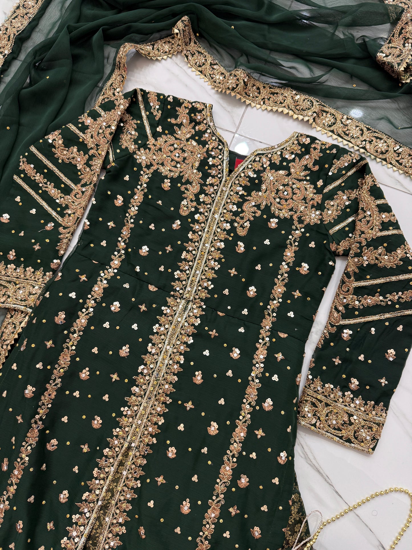 JANNAT - Embroidered chiffon kameez with brocade lengha green