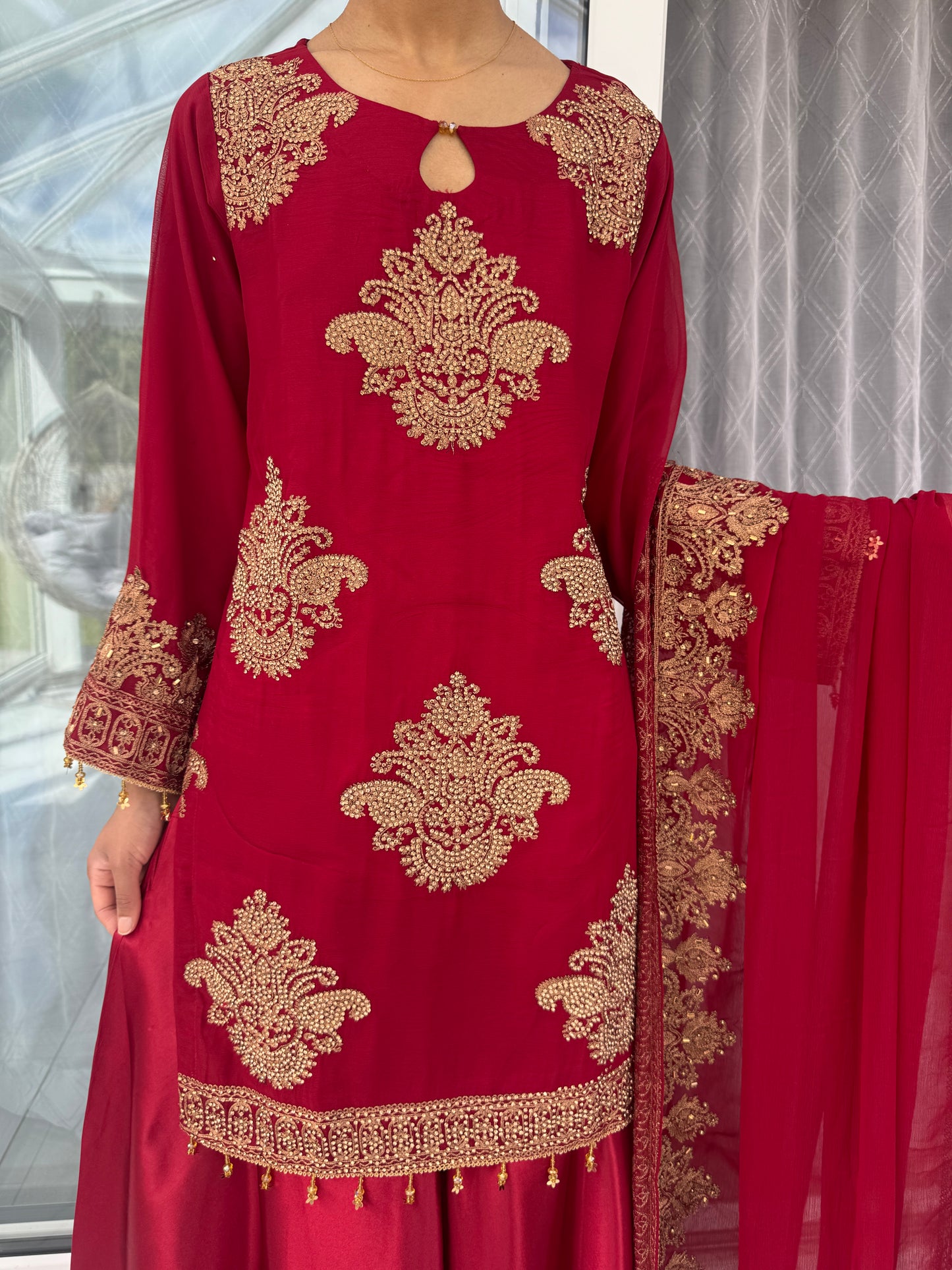 HASEENA MAROON - Embroidered chiffon kameez with diamante & silk sharara
