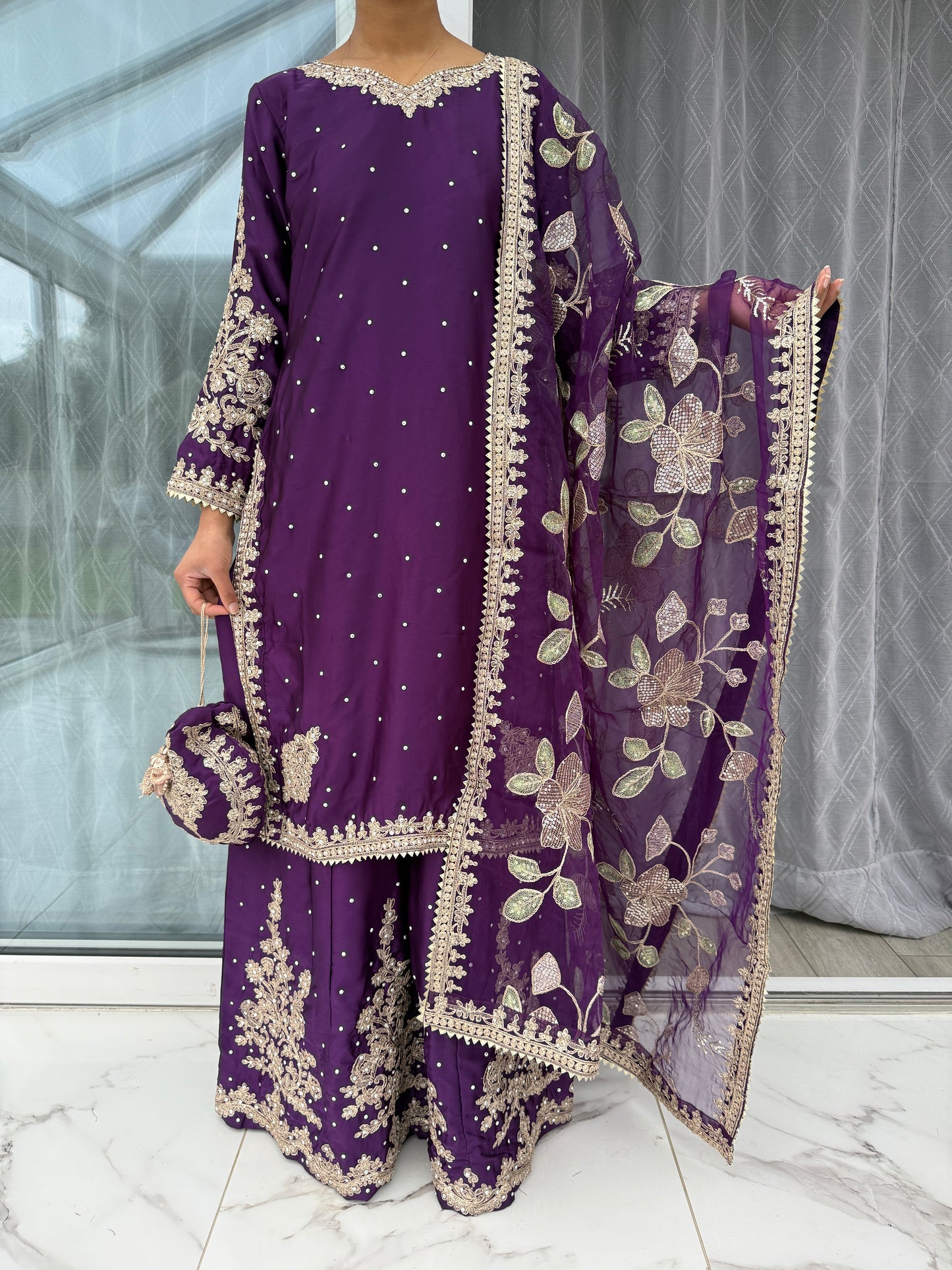 KASHISH PURPLE - Embroidered silk kameez with sharara