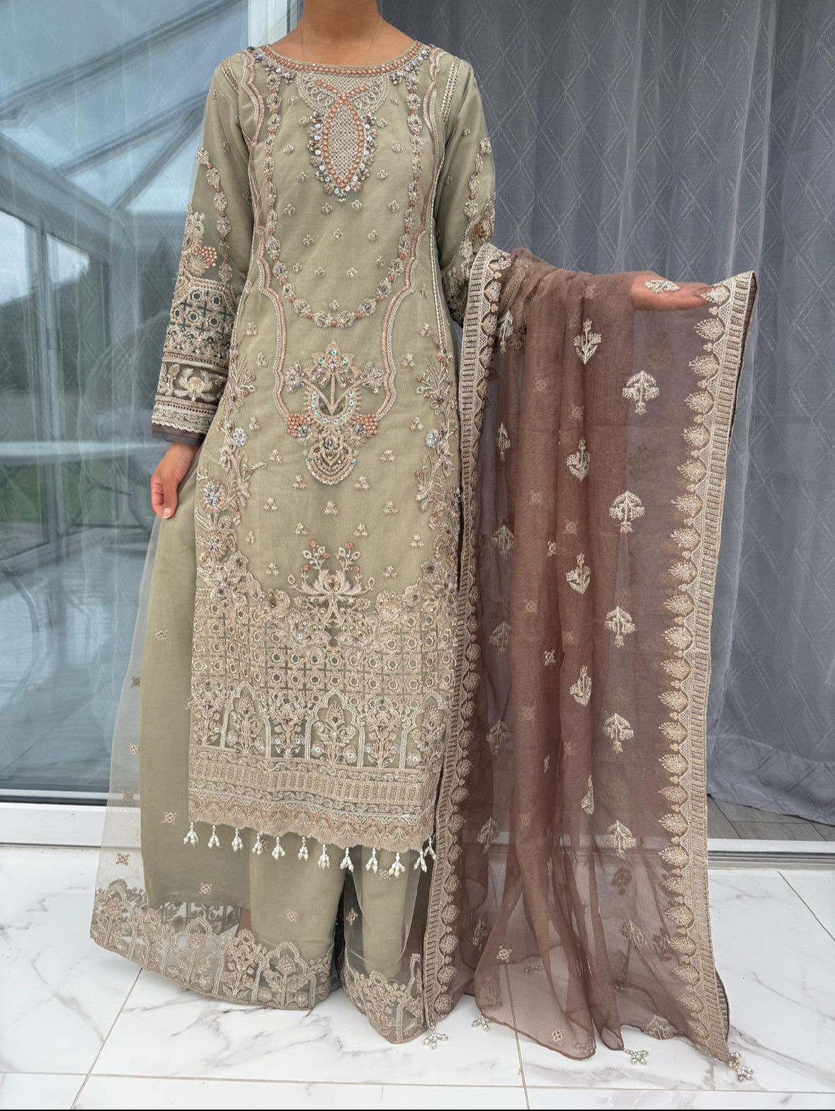 ISMA BROWN - Embroidered readymade imrozia net outfit with Sharara