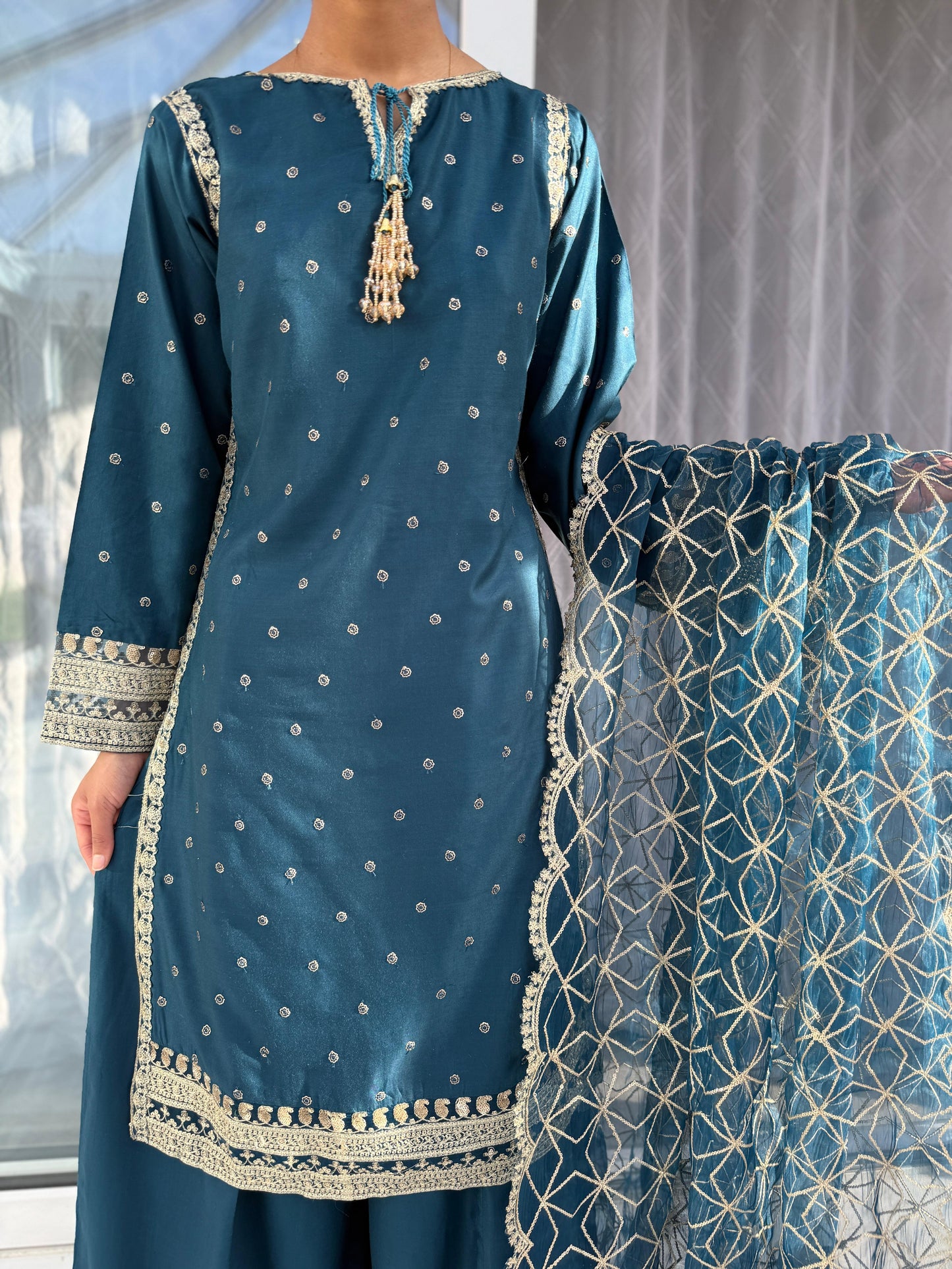 CELINE TEAL - Embroidered summer linen kameez with kali Sharara