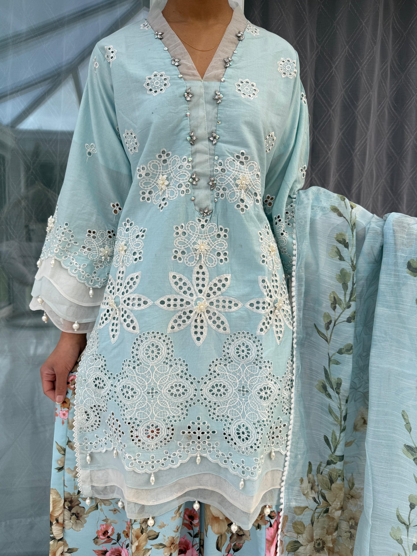 AINA BLUE - Embroidered soft cotton kameez with floral printed Sharara