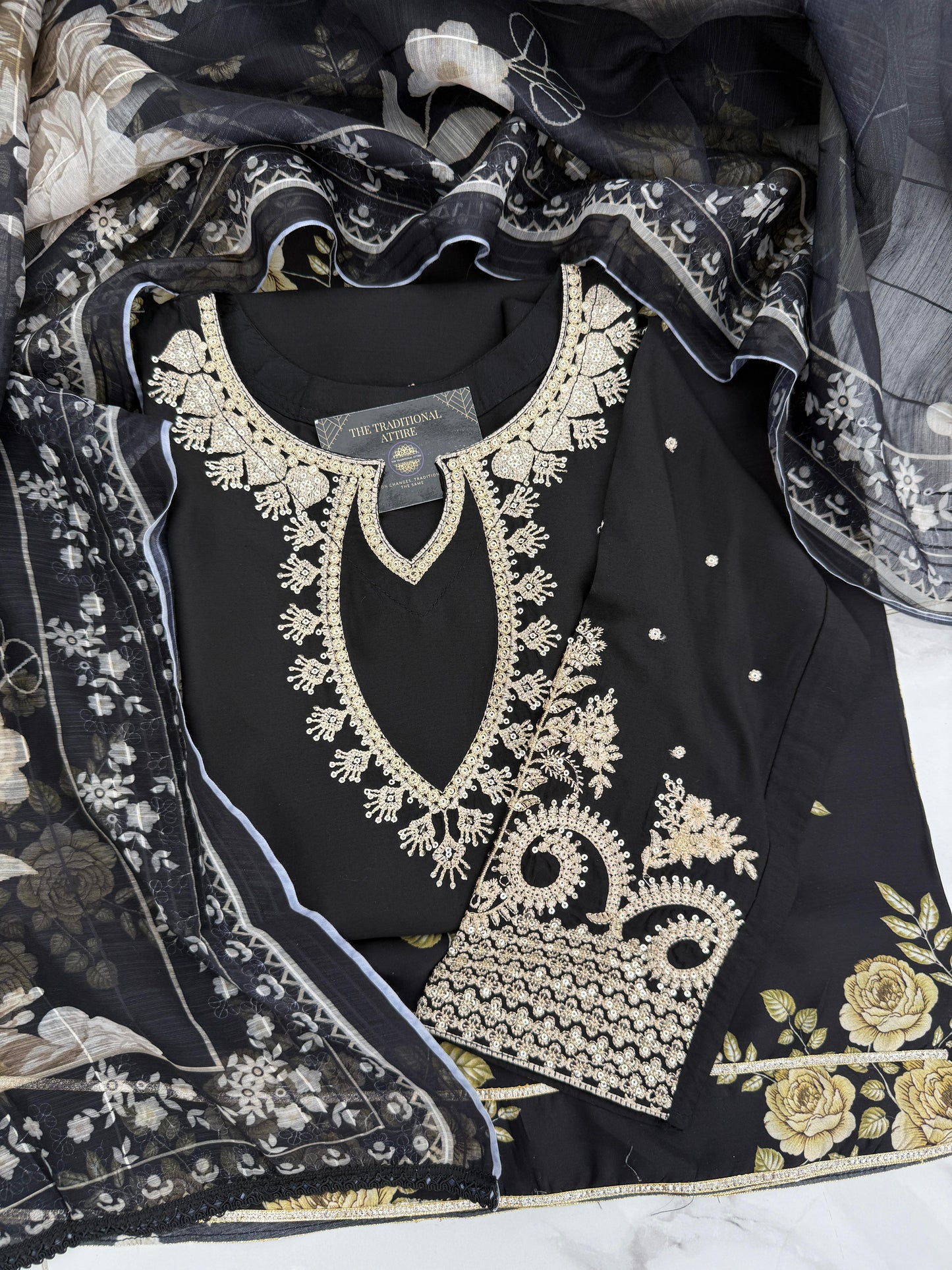 MIRA MOTHER/DAUGHTER COLLECTION BLACK - Embroidered kameez with printed Sharara