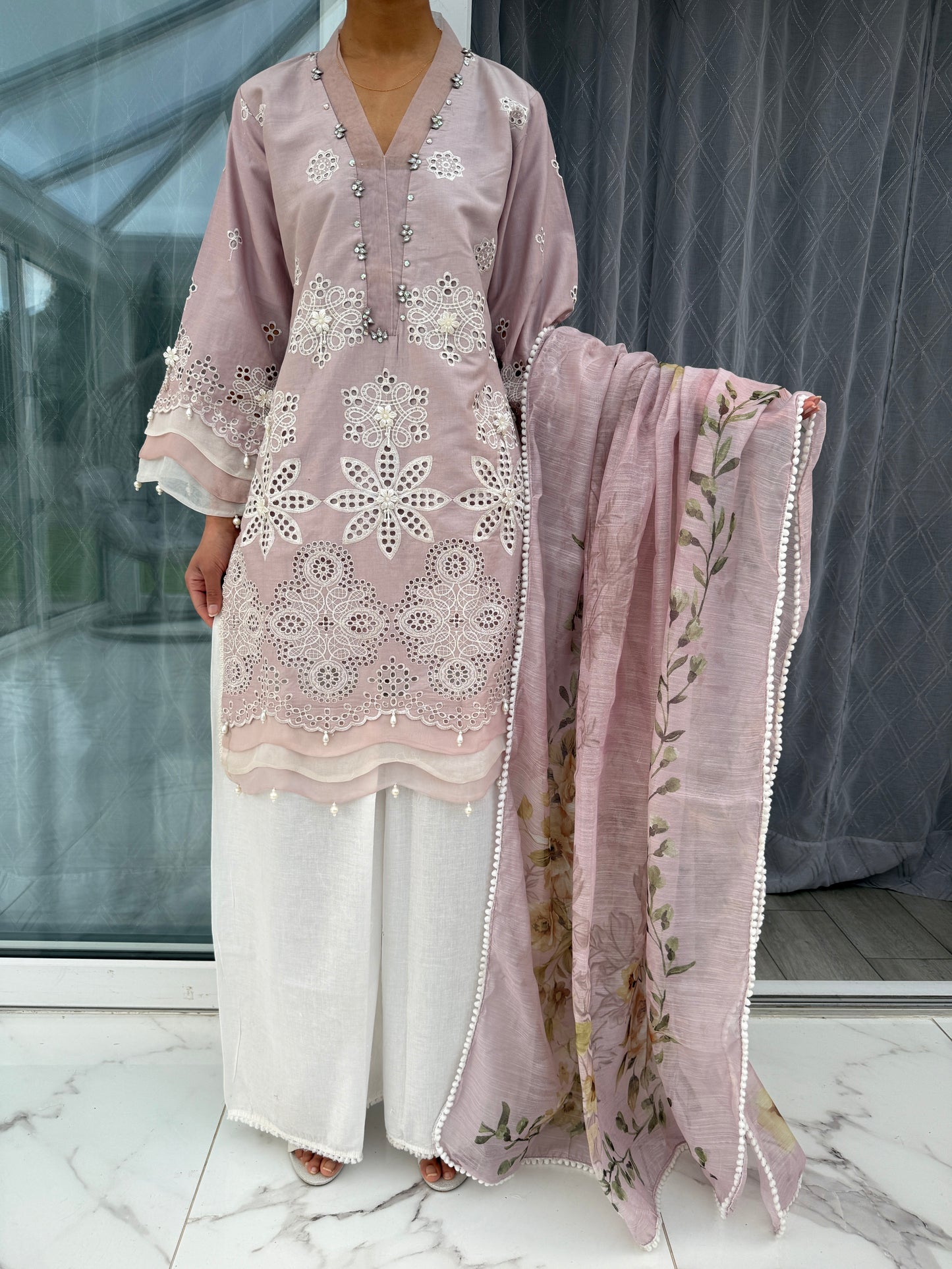 AINA - Embroidered soft cotton kameez with floral printed Sharara