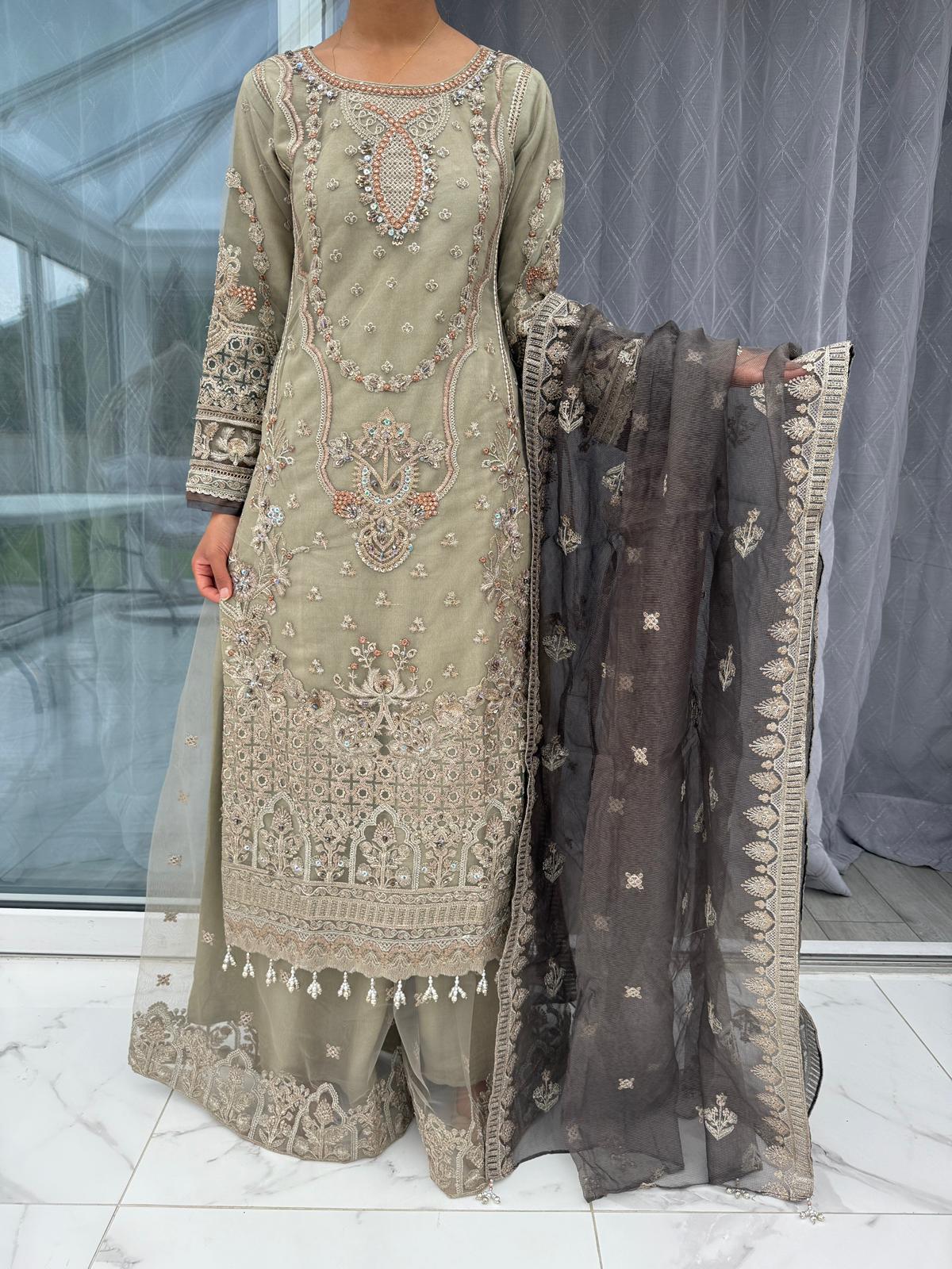 ISMA CHARCOAL GREY - Embroidered readymade imrozia net outfit with sharara