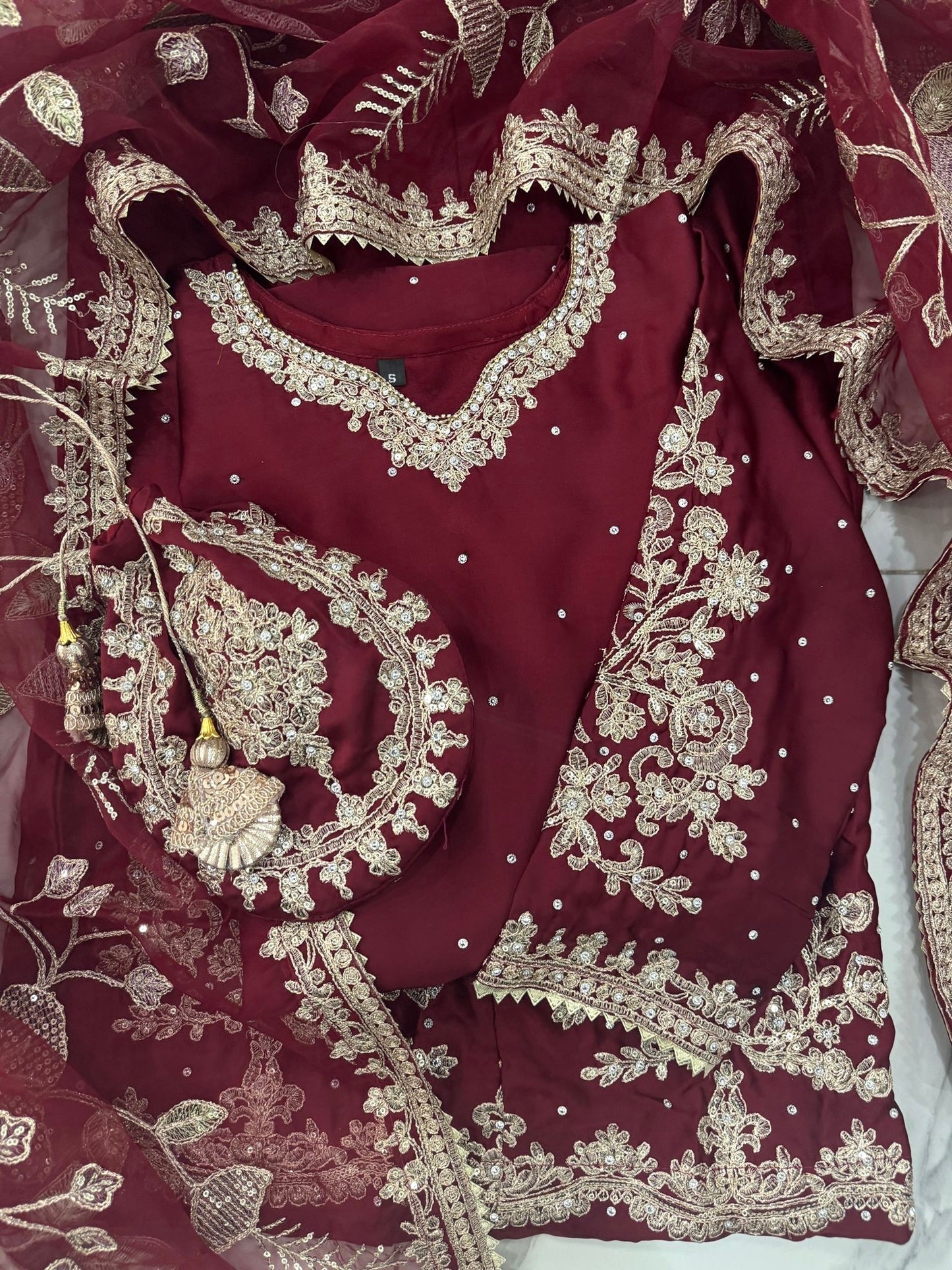 KASHISH MAROON - Embroidered silk kameez with sharara