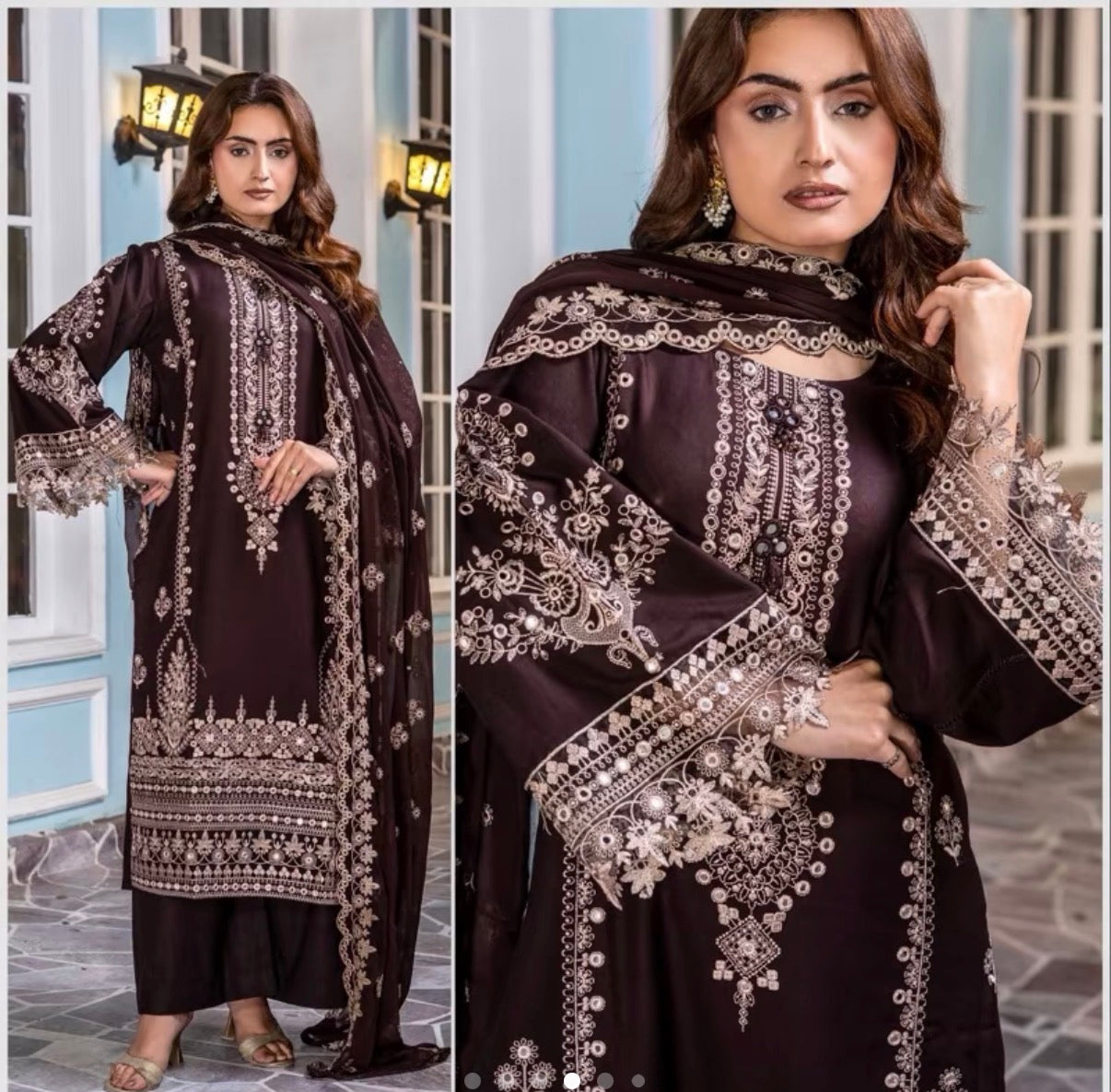 UNAIZA - Embroidered Dhanak collection with chiffon duppatta/plazo Brown
