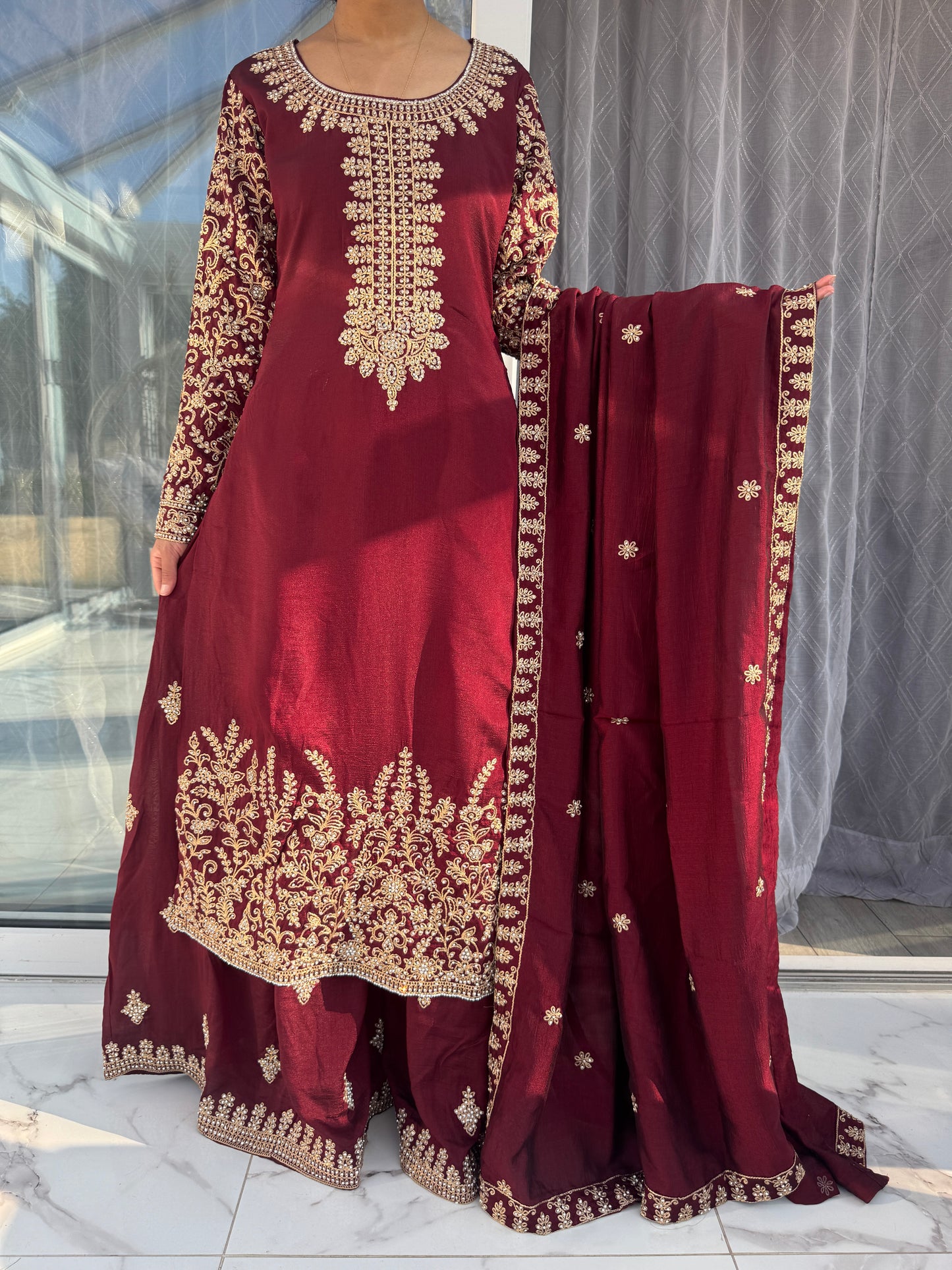 YASMIN - Embroidered raw silk kameez and sharara with diamanté