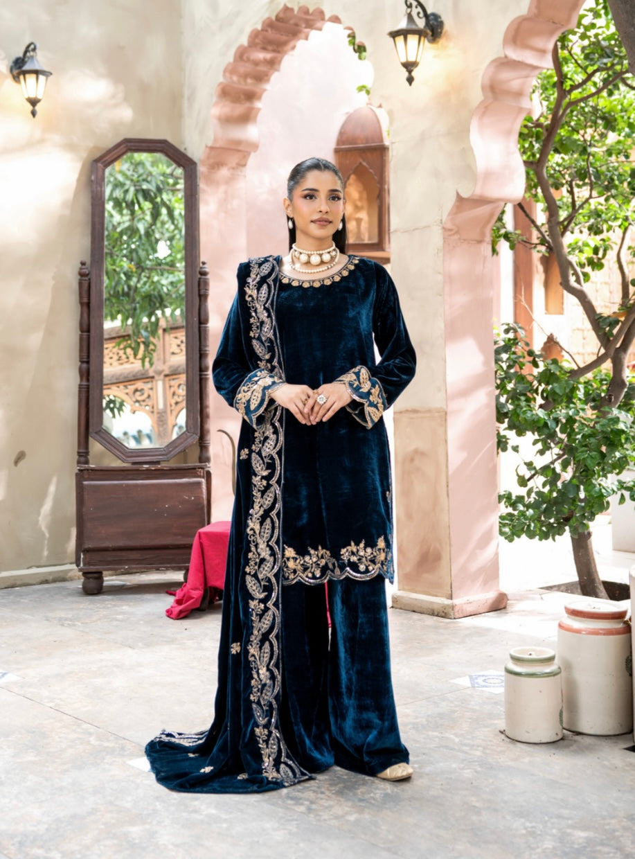 AIMA TEAL - Embroidered micro velvet kameez with velvet shawl