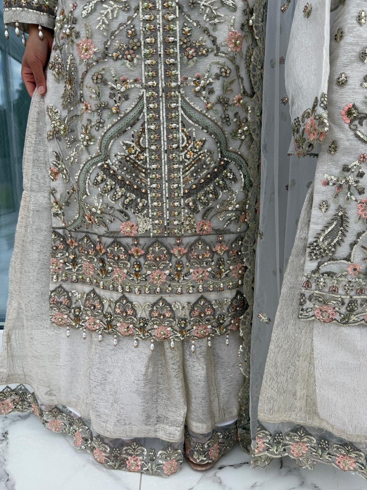 ALAIRA WHITE - Handwork embellished net outfit with Sharara