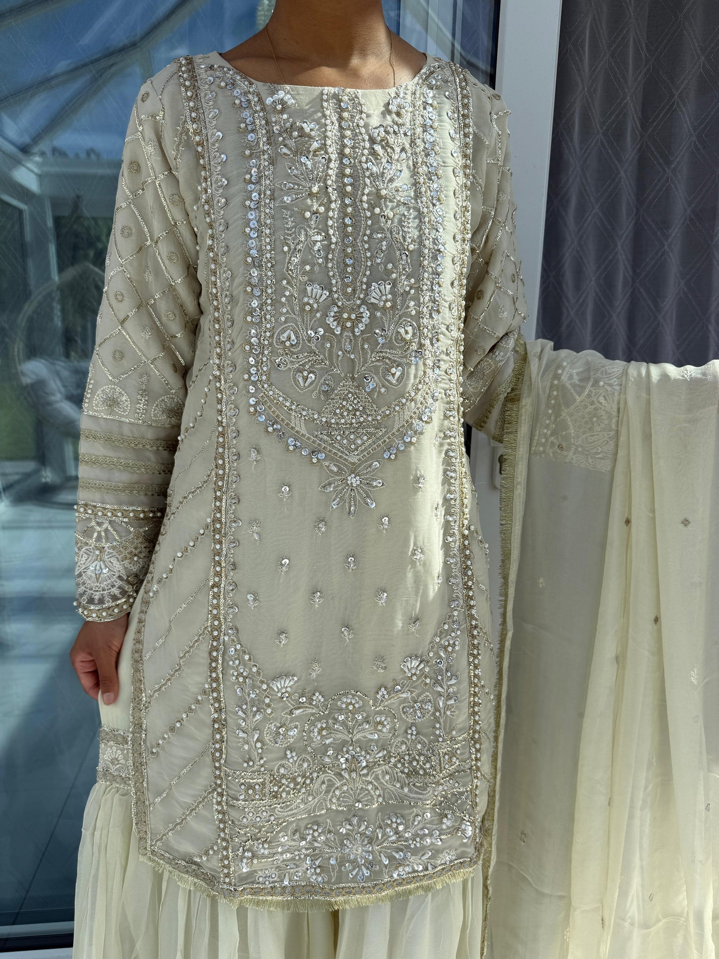 MAHNOOR - Embroidered chiffon kameez with gharara