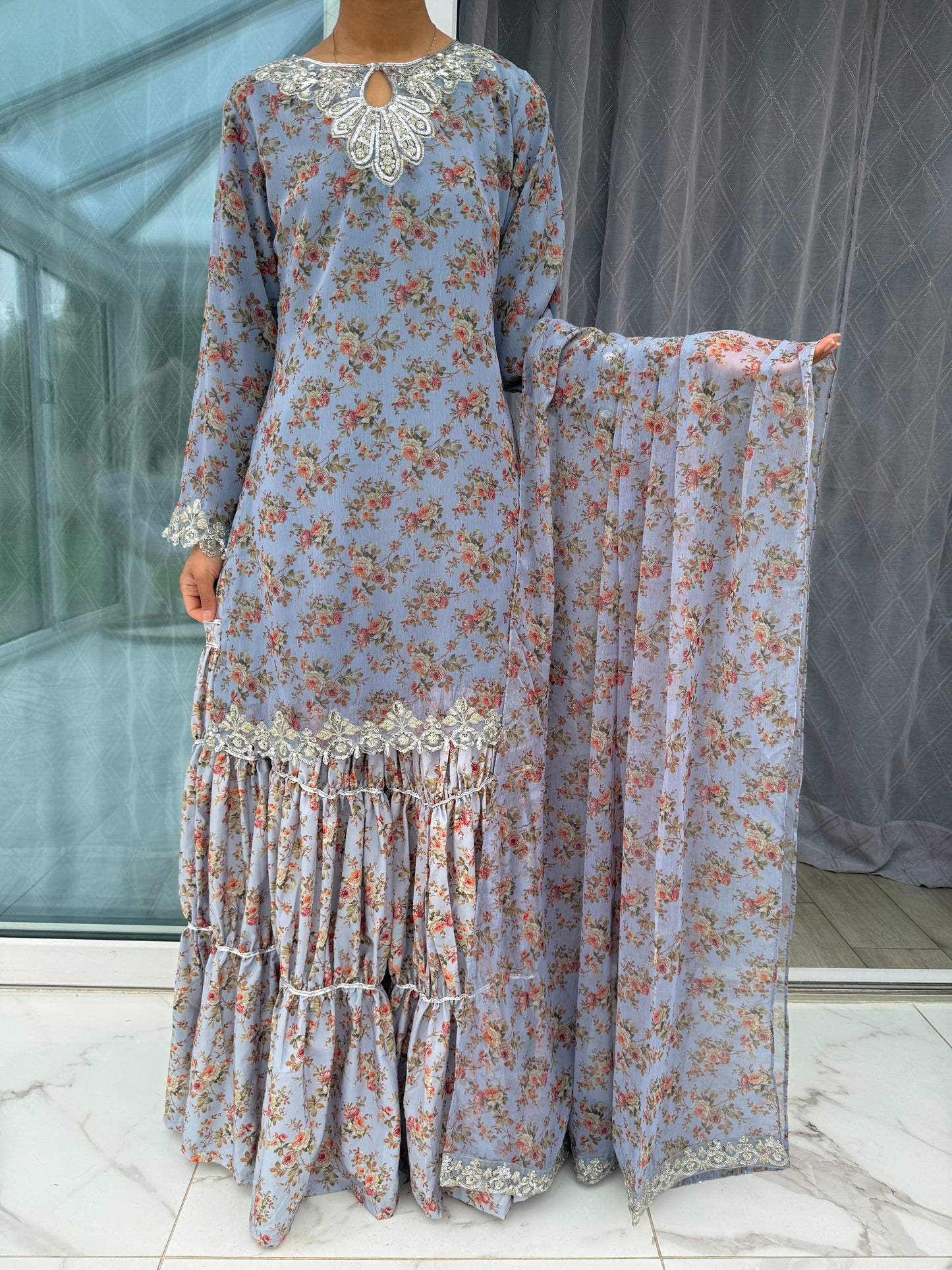 BAROQUE LUX - Embroidered and printed chiffon tiered gharara