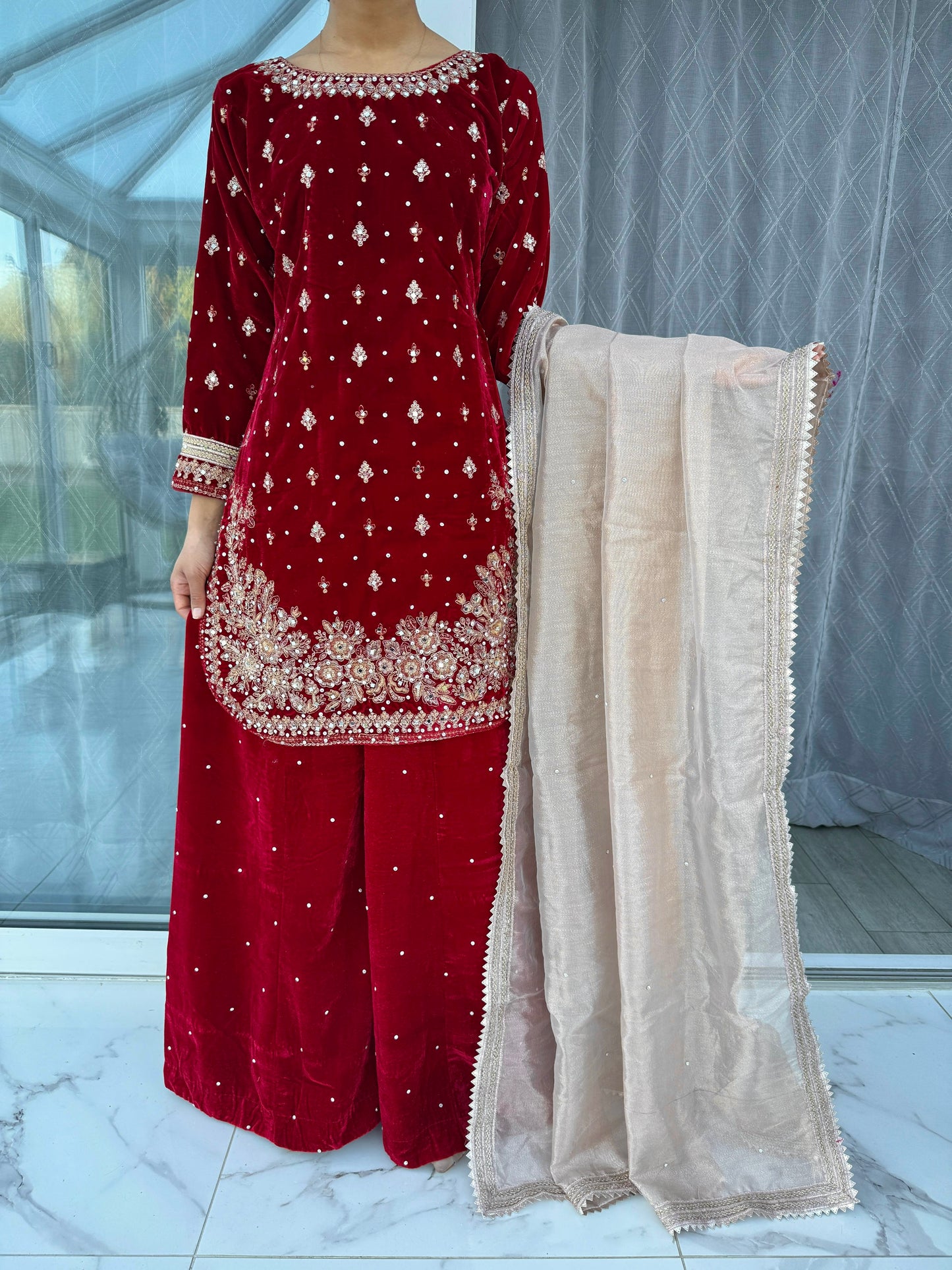 HUMSAFAR - Embroidered velvet sharara outfit