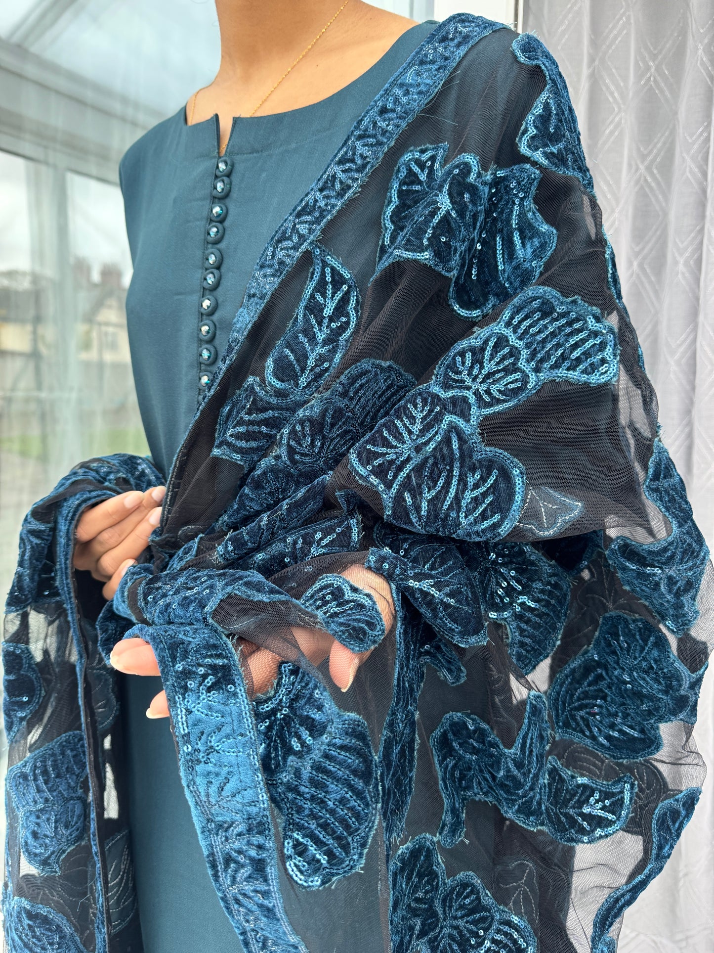 NURA SIMRANS - Dhanak readymade outfit with laserkari velvet net dupatta