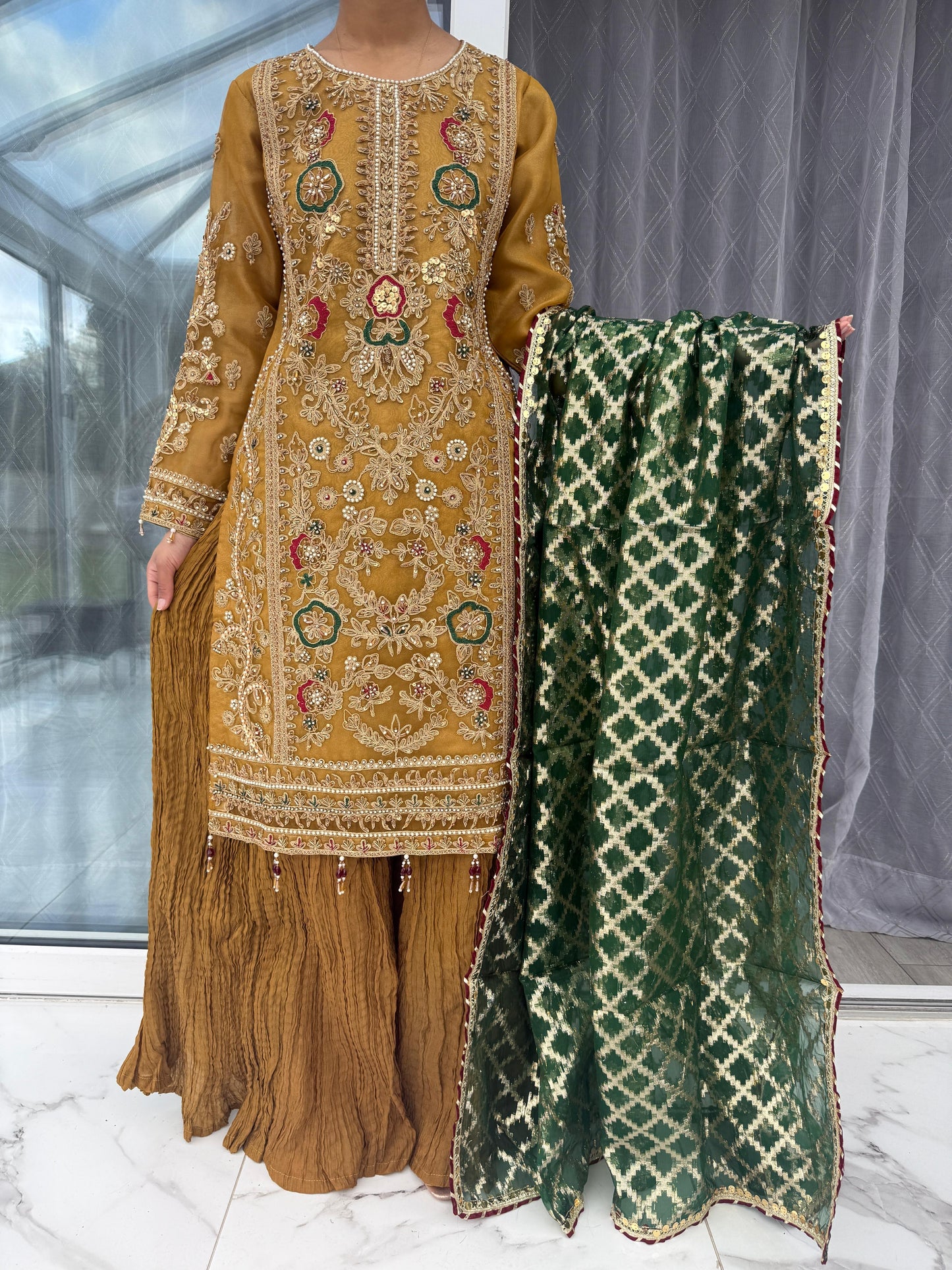 ESHA - Embroidered organza outfit with crushed Sharara