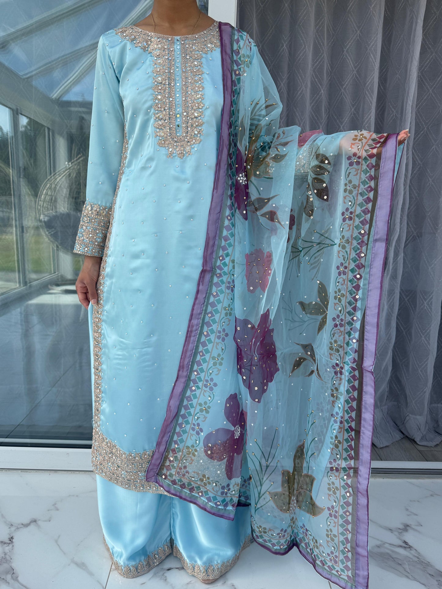 RUMANA BLUE - Embroidered silk kameez with hand painted dupatta