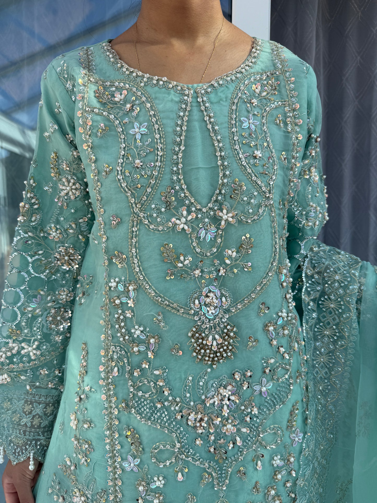 ANIQA - Embroidered organza kameez with handwork and Kali Sharara