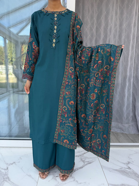 MAHAM TEAL - Embellished Dhanak kameez with embroidered Kashmiri shawl and plazo