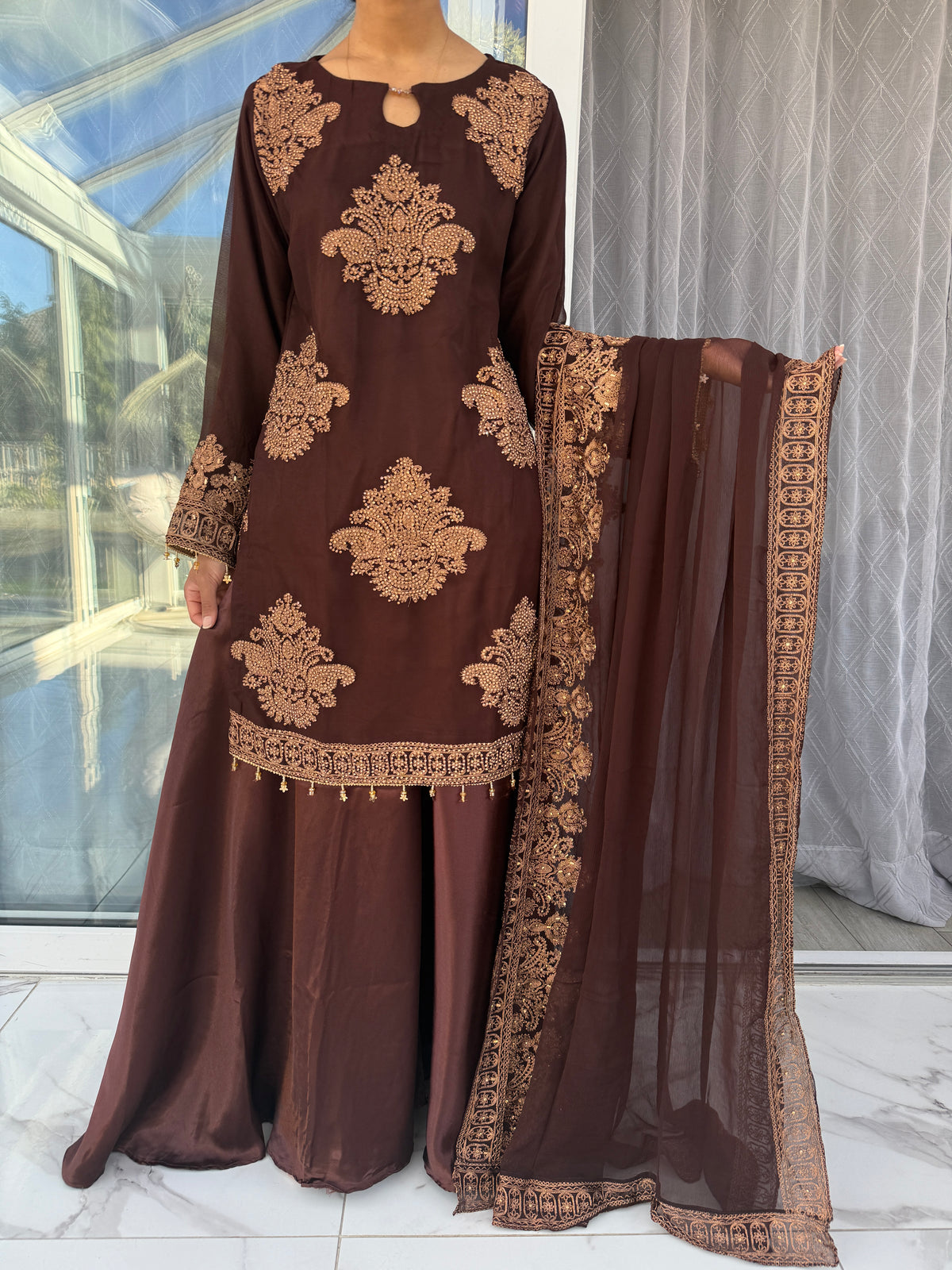HASEENA BROWN- Embroidered chiffon kameez with diamanté and silk sharara