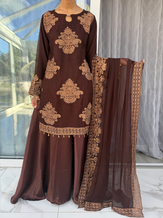 HASEENA BROWN- Embroidered chiffon kameez with diamanté and silk sharara