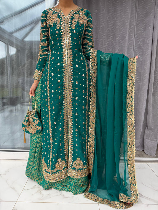 JANNAT TEAL - Embroidered chiffon kameez with brocade lengha