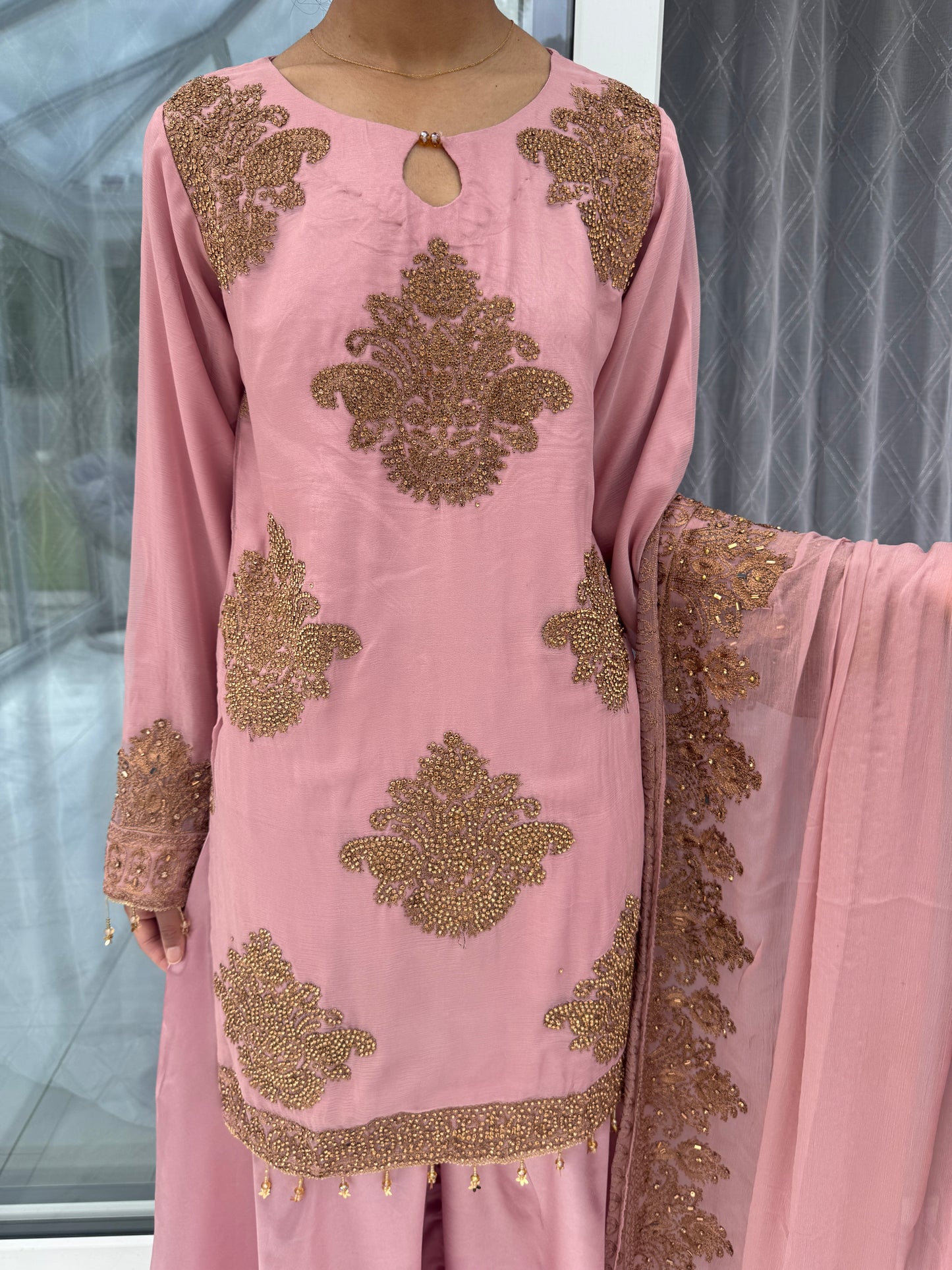 HASEENA - Embroidered chiffon kameez with diamante & silk sharara