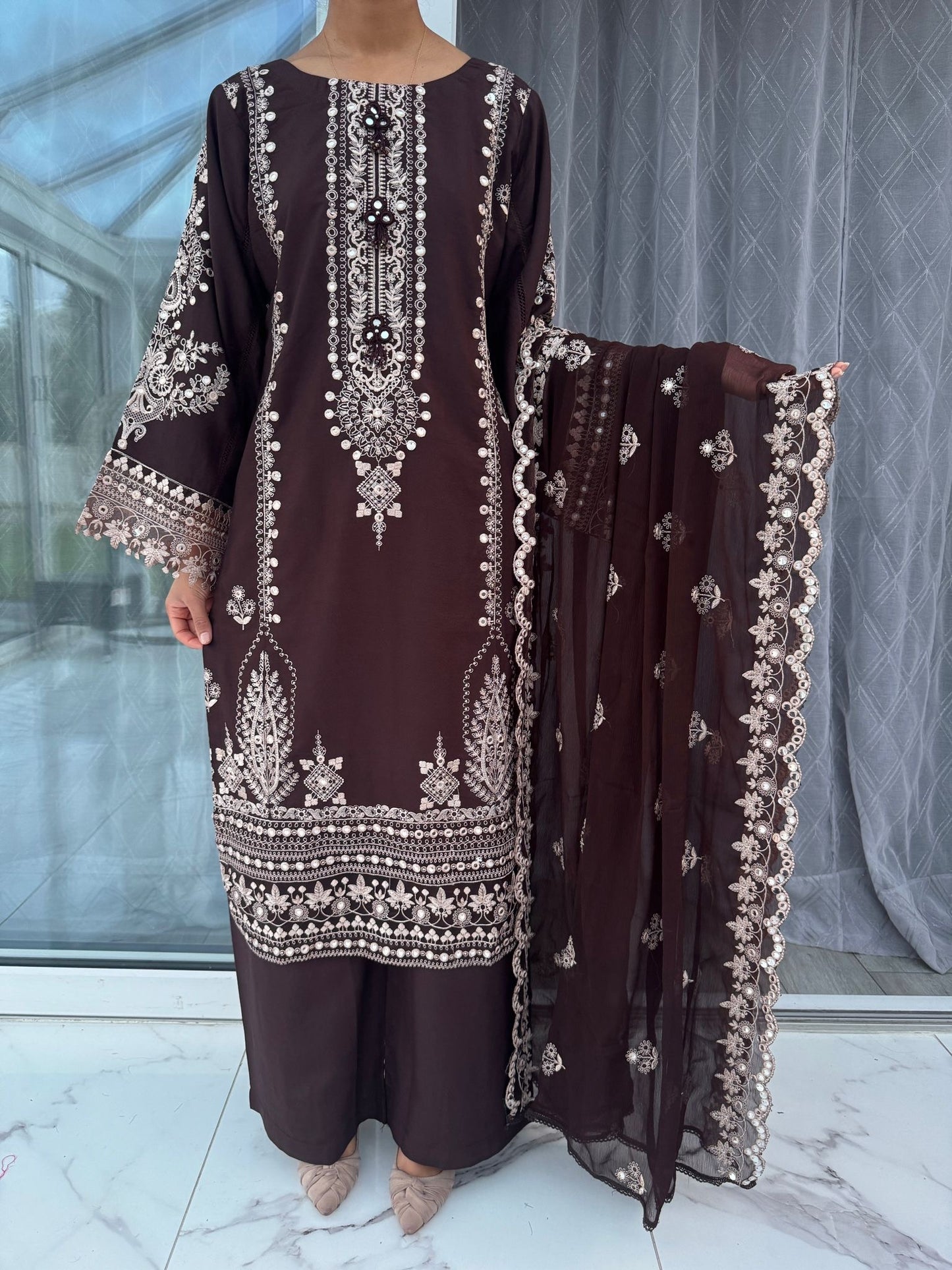 UNAIZA - Embroidered Dhanak collection with chiffon duppatta/plazo Brown