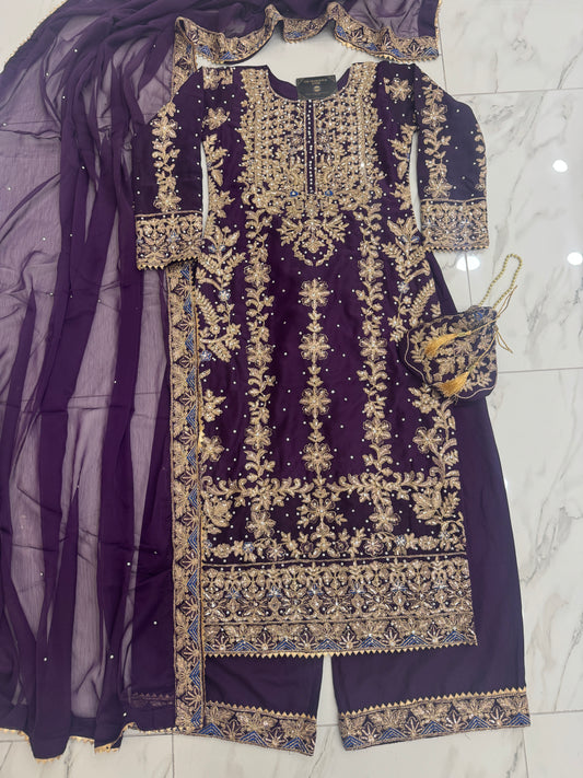 NOOR E AIN - Embroidered chiffon kameez with plazo