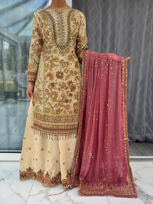 SAPNA - Embroidered net kameez with sharara and chiffon dupatta