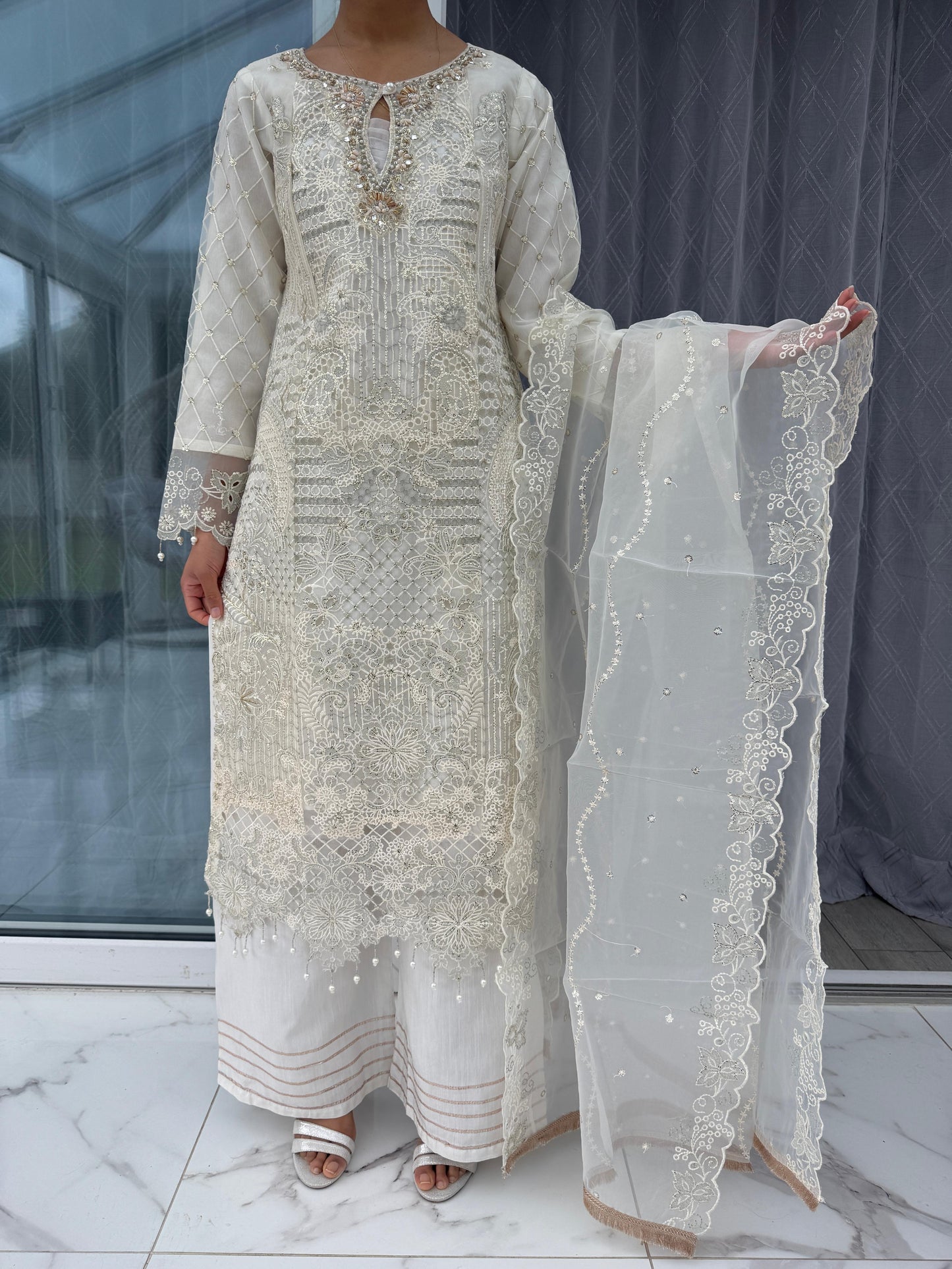 AYLA - Embroidered organza readymade outfit with cutwork, plazo and dupatta