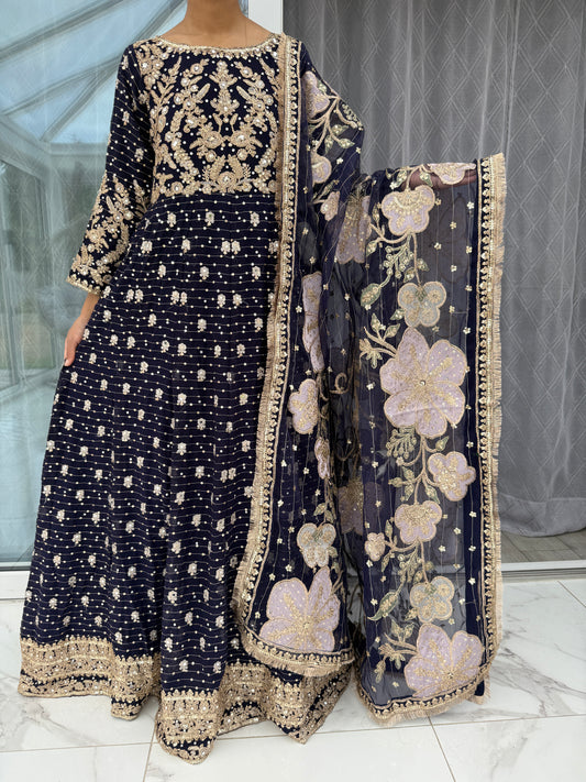 KAINAZ NAVY BLUE - Embroidered chiffon partywear maxi dress