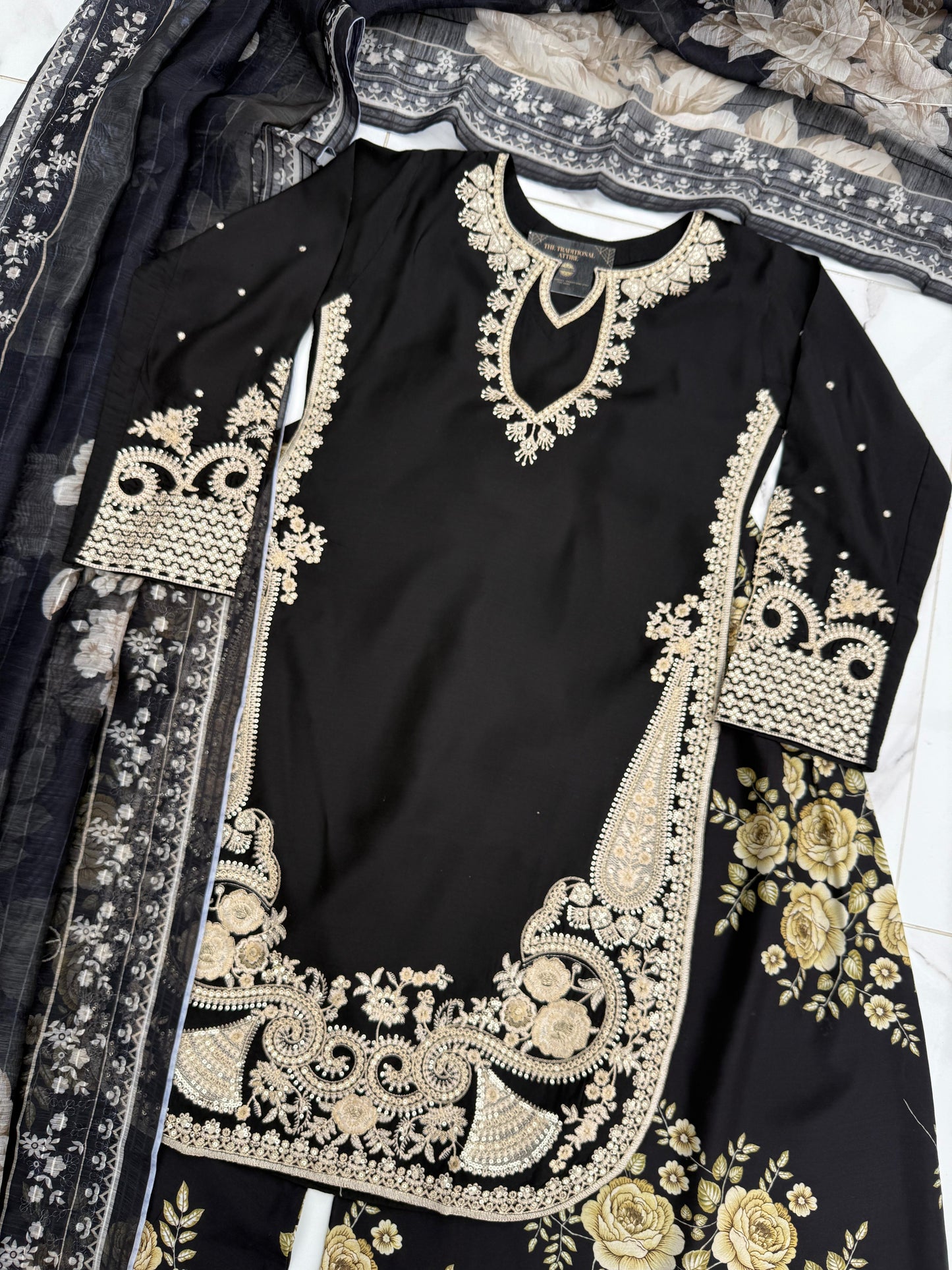 MIRA MOTHER/DAUGHTER COLLECTION BLACK - Embroidered kameez with printed Sharara