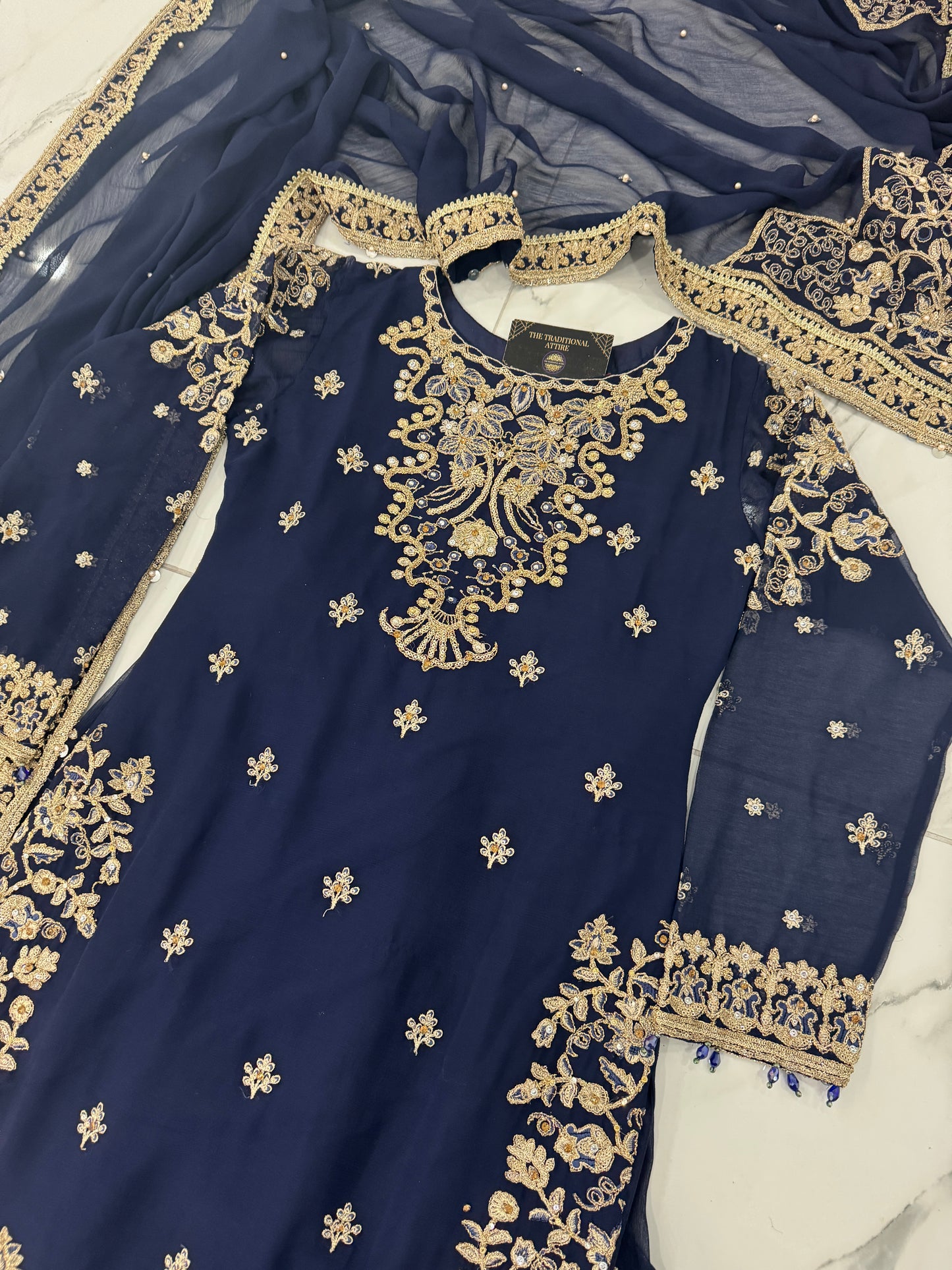 QAMAR - Embroidered chiffon readymade outfit with Sharara