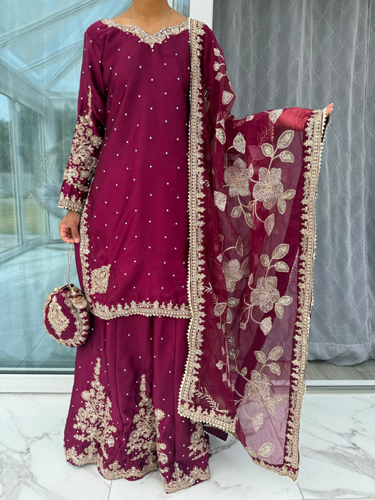 KASHISH - Embroidered silk kameez with sharara