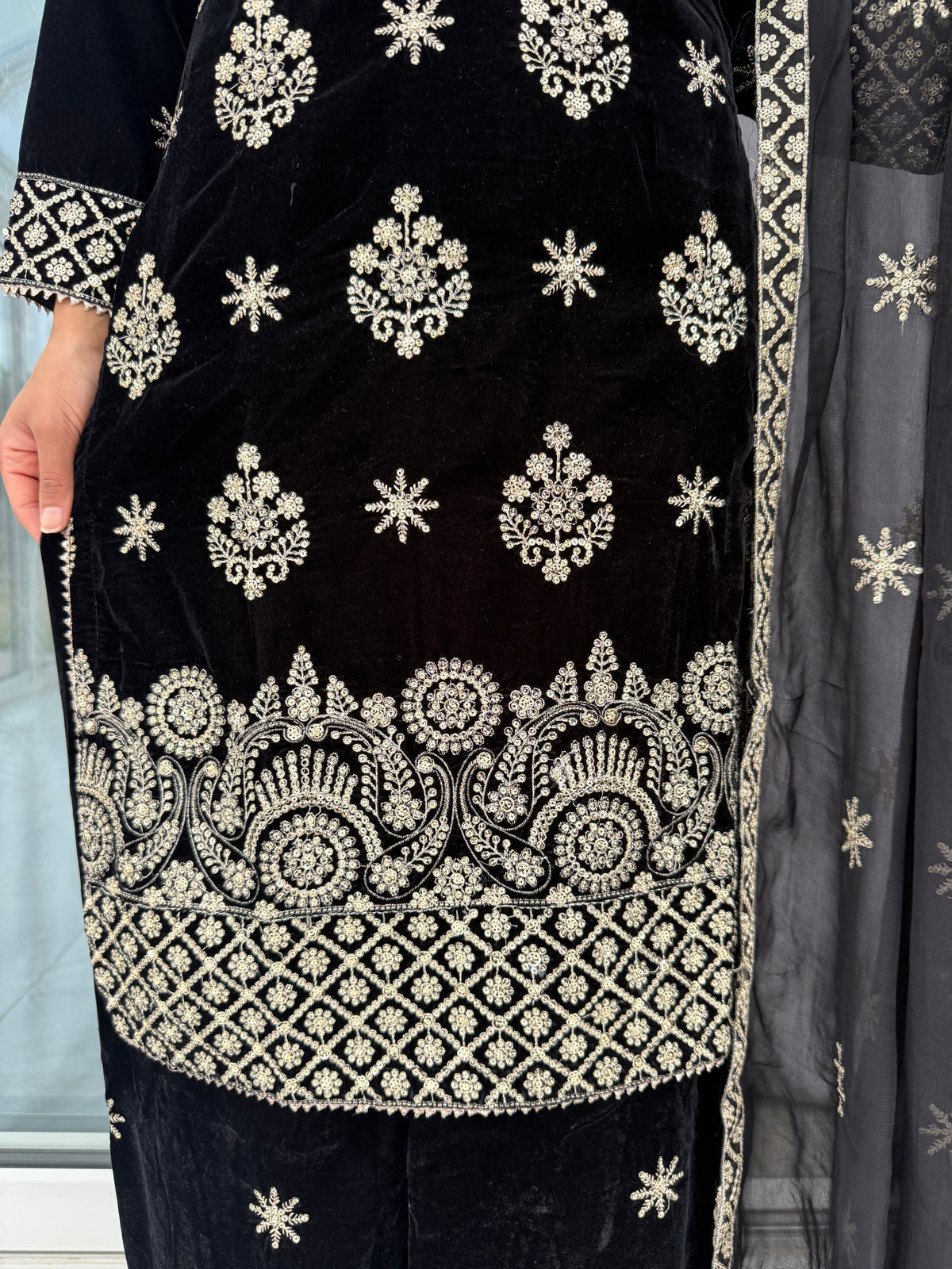 RIMSHA BLACK - Embroidered velvet collection with plazo and chiffon Dupatta